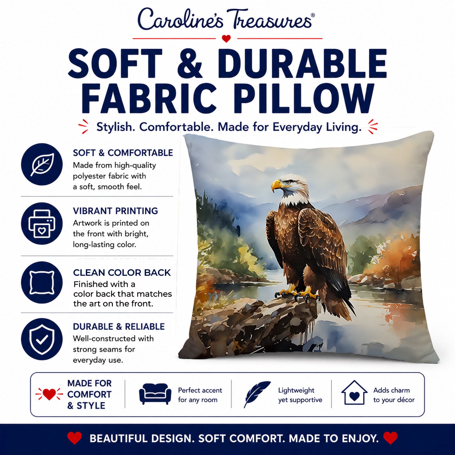 Bald Eagle Mountain Scene Decorative Throw Pillow 18x18 Indoor Outdoor Accent Cushion, Fabric Cover with Insert for Sofa, Bed, Porch & Living Room
