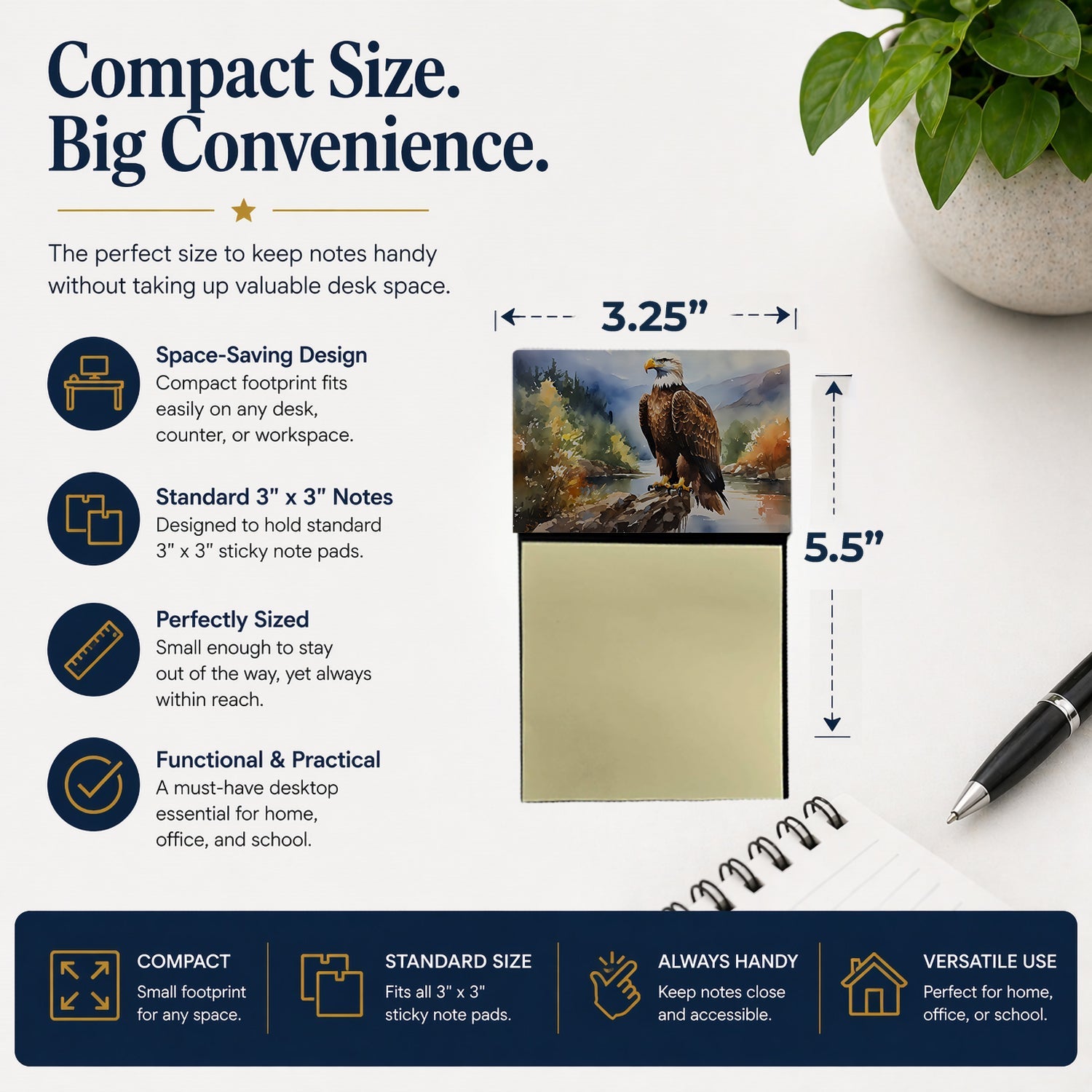 Bald Eagle Mountain Scene Watercolor Sticky Note Holder Refillable Dispenser Desk Accessory 3x3 Pad Gift