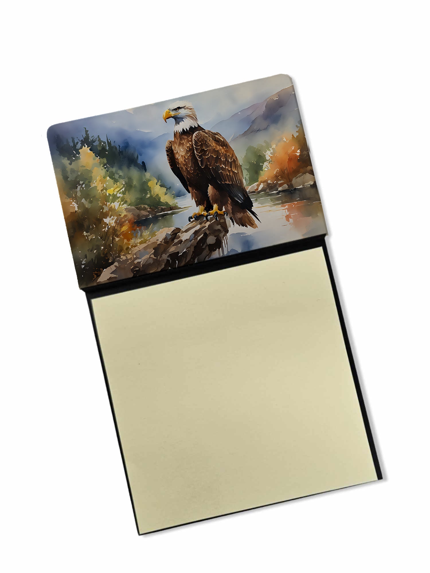 Bald Eagle Mountain Scene Watercolor Sticky Note Holder Refillable Dispenser Desk Accessory 3x3 Pad Gift