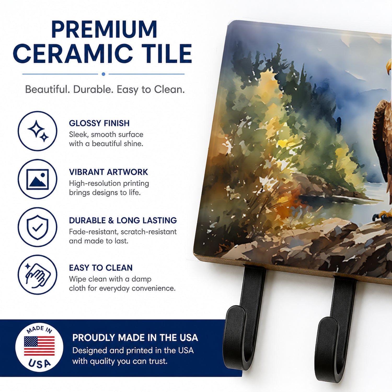 Bald Eagle Mountain Scene Leash or Key Holder Wall Hooks, Coat Rack Wall Mount, for Hanging Keys, Towels, Aprons, Leashes