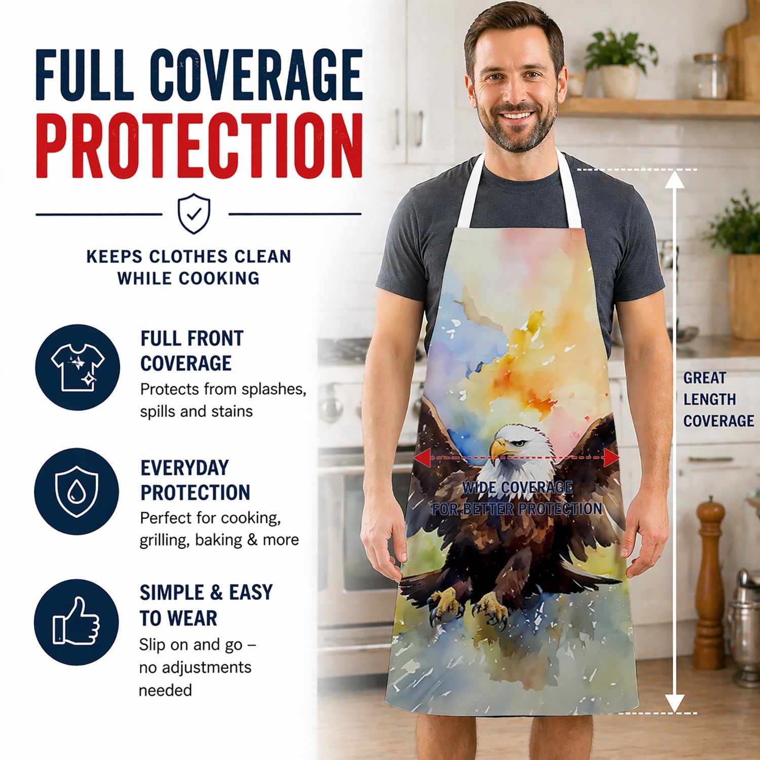 Bald Eagle Flying Wings Spread Apron Cooking Kitchen Server Baking Crafts Gardening for Adult Women Men, Unisex, Large, Multicolor
