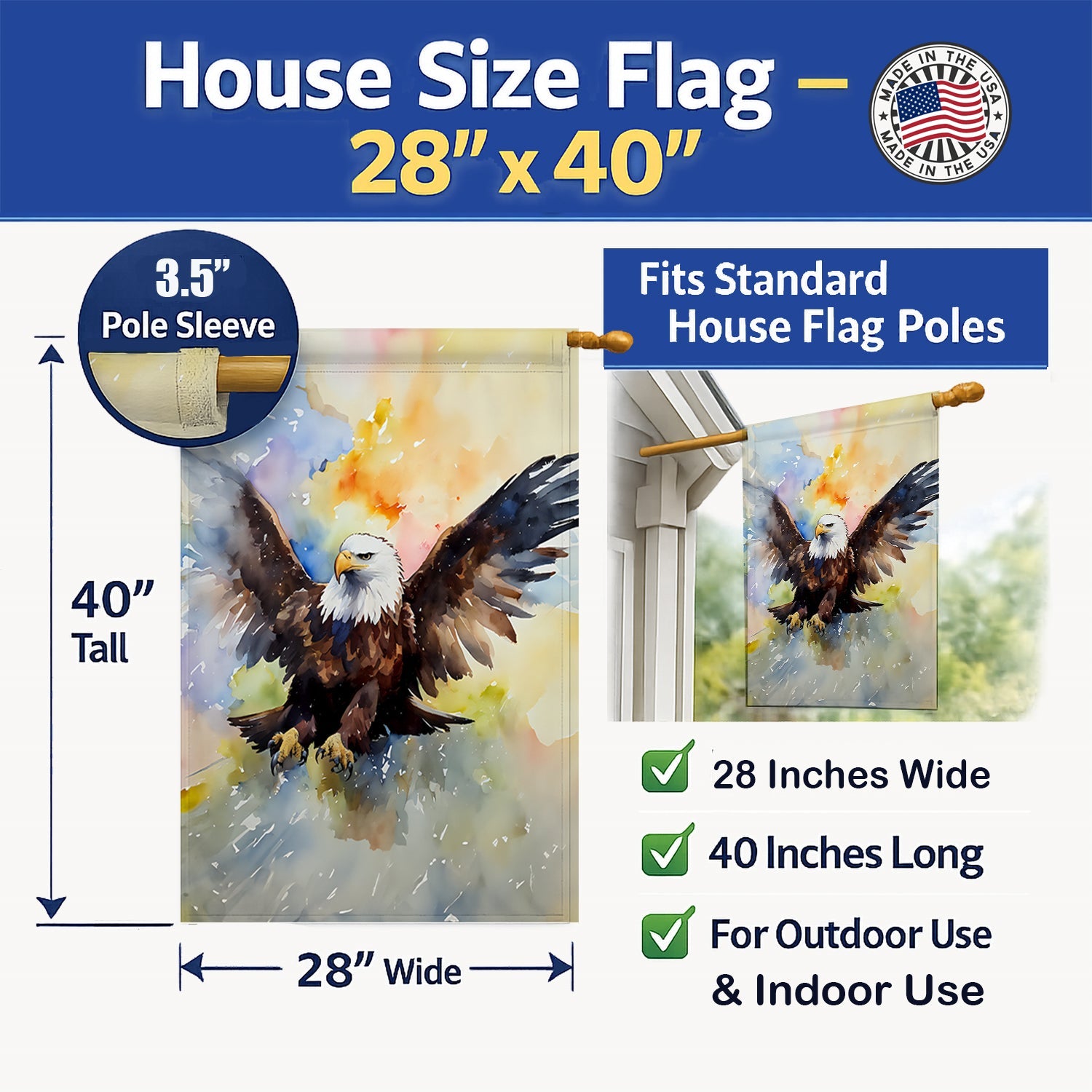 Bald Eagle Flying Wings Spread House Flag 28x40 Porch Sleeve Pole Decorative Outside Yard Banner Artwork Wall Hanging, Polyester