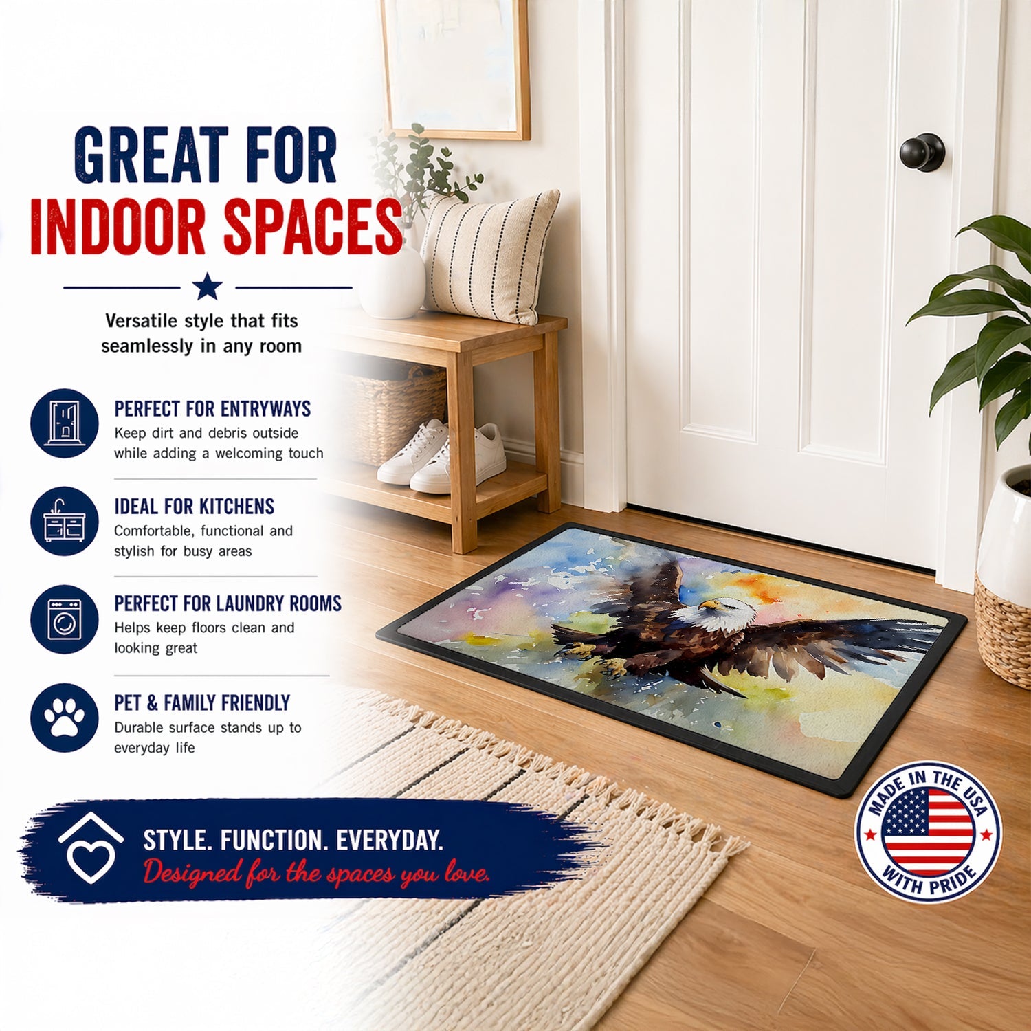Bald Eagle Flying Wings Spread Doormat Indoor Outdoor 24H X 36W Front Door Mat Rugs for Entryway, Non Slip Washable Low Pile,