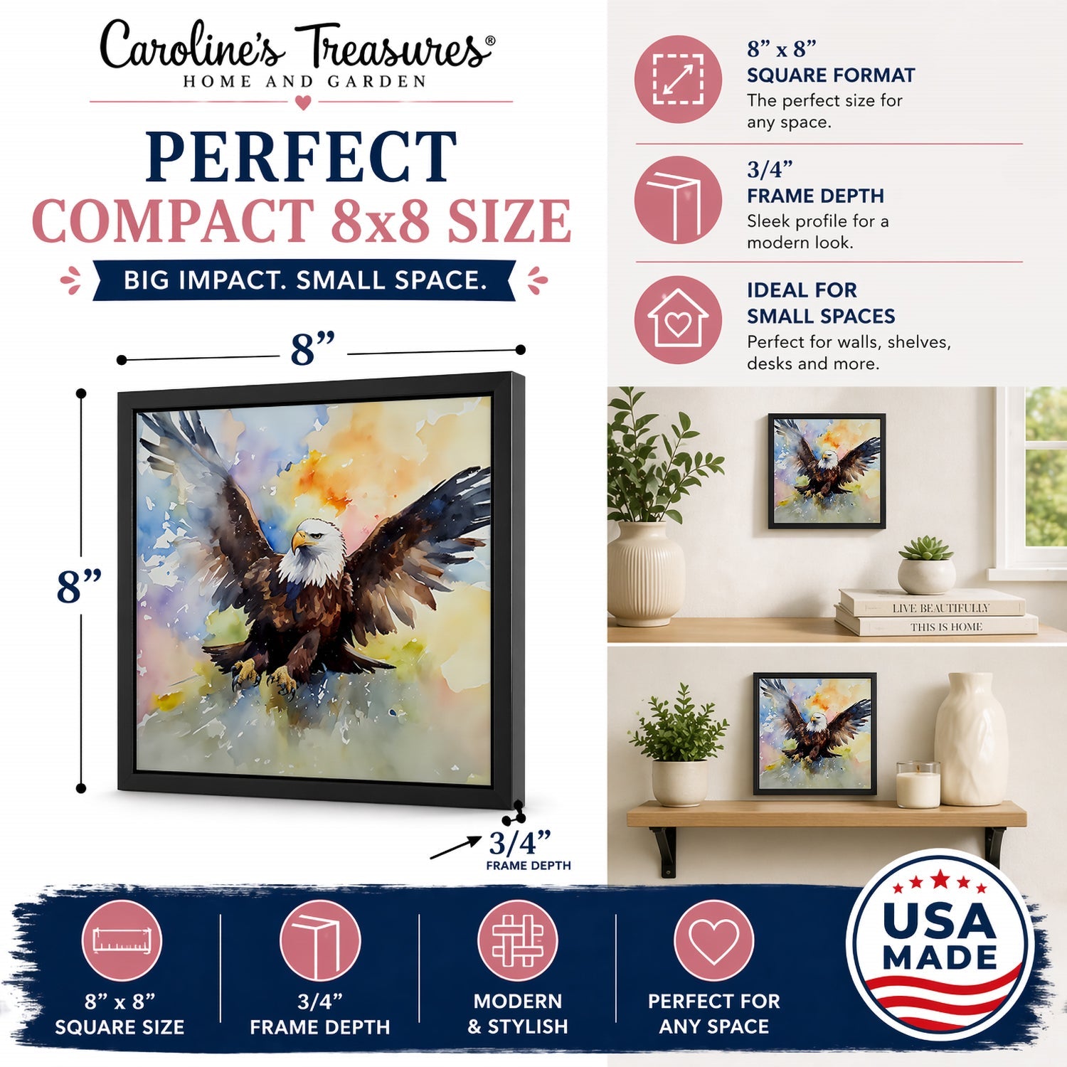 Bald Eagle Flying Wings Spread Framed Metal Print Bathroom, Kitchen, Office, Home Decor Wall Art Ready to Hang, Square, 8X8