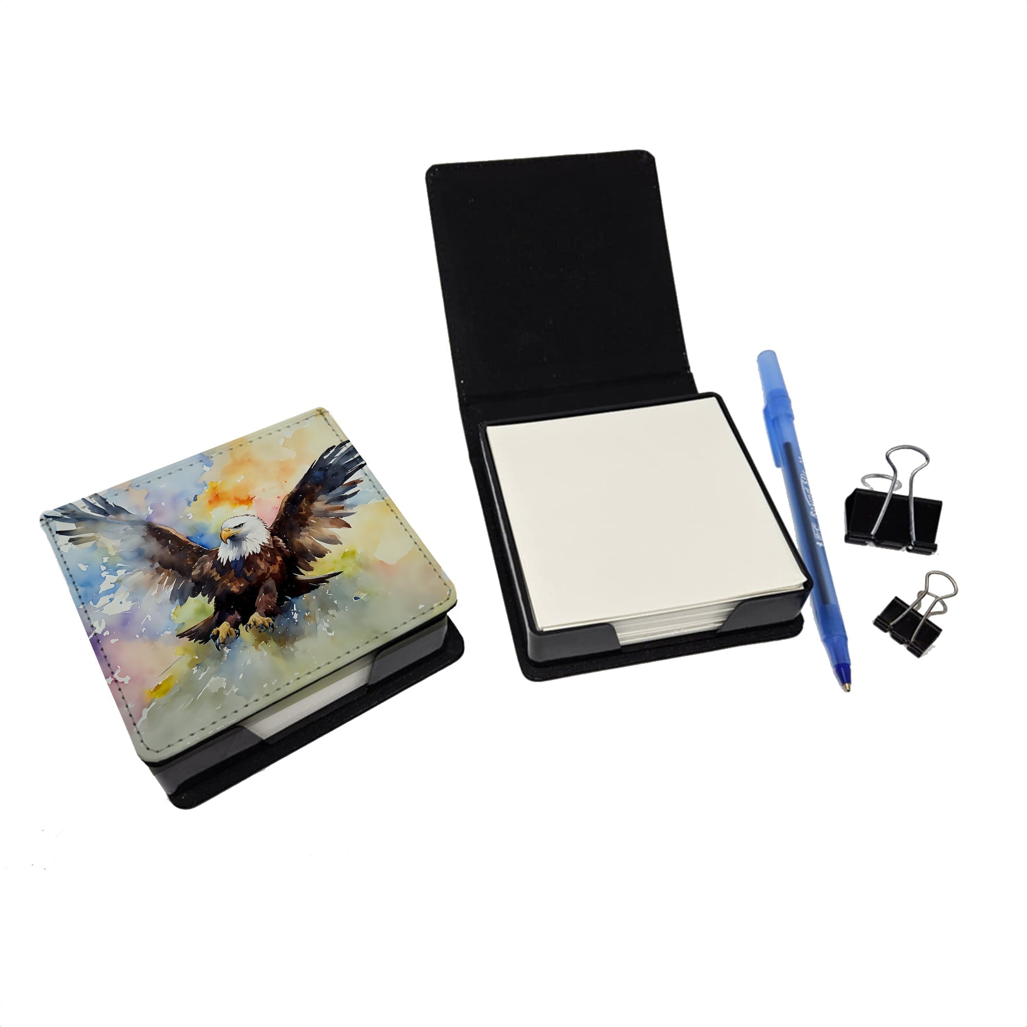 Bald Eagle Flying Wings Spread PU Leather Note Paper Holder with Artist-Designed Cover, Desk Accessory, Office Gift