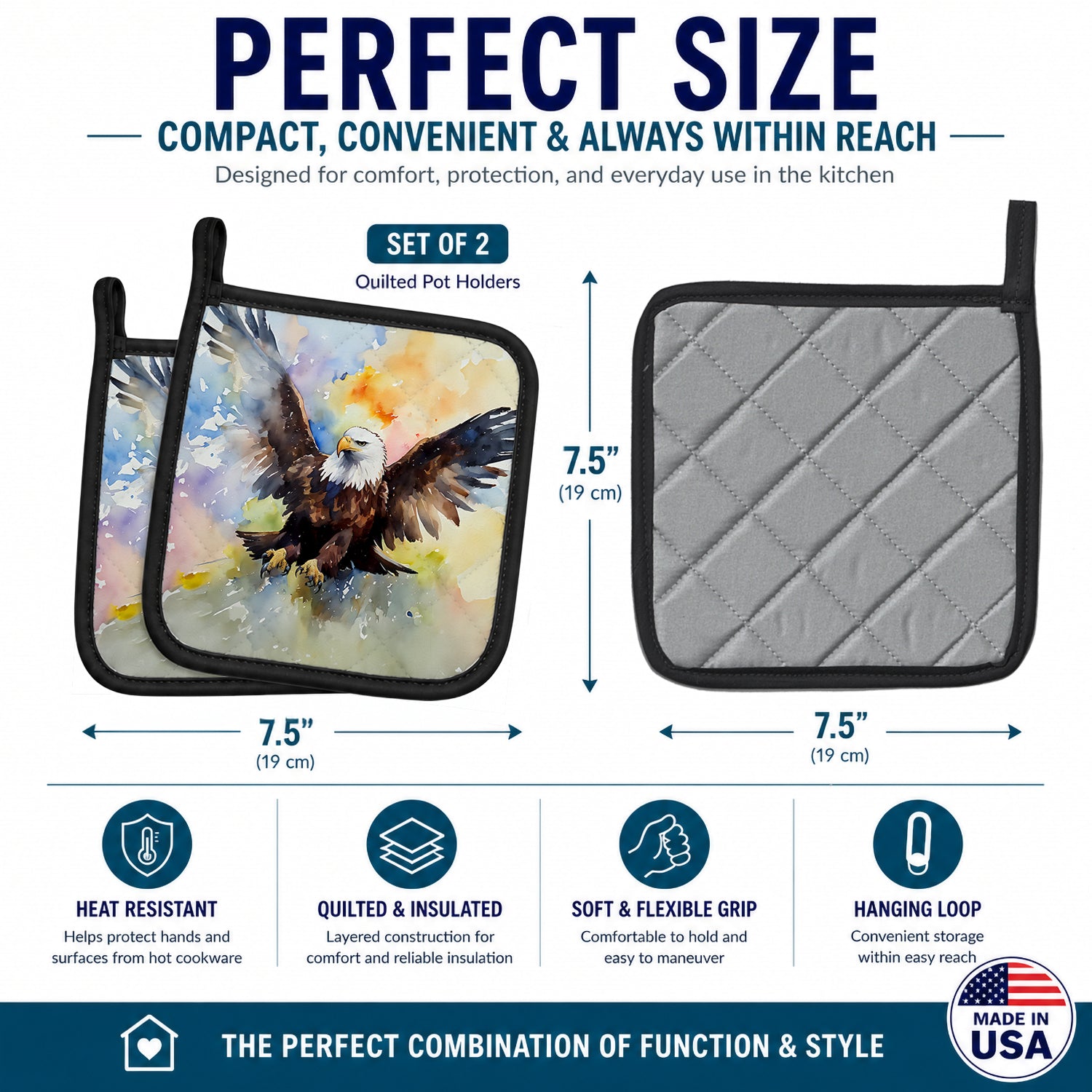 Bald Eagle Flying Wings Spread Pot Holder Set of 2 Heat Resistant Quilted Hot Pads 7.5 x 7.5 Inch, Insulated Kitchen Trivets for Cooking & Baking