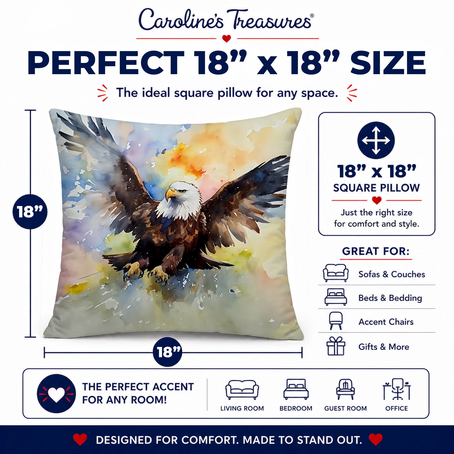 Bald Eagle Flying Wings Spread Decorative Throw Pillow 18x18 Indoor Outdoor Accent Cushion, Fabric Cover with Insert for Sofa, Bed, Porch & Living Room