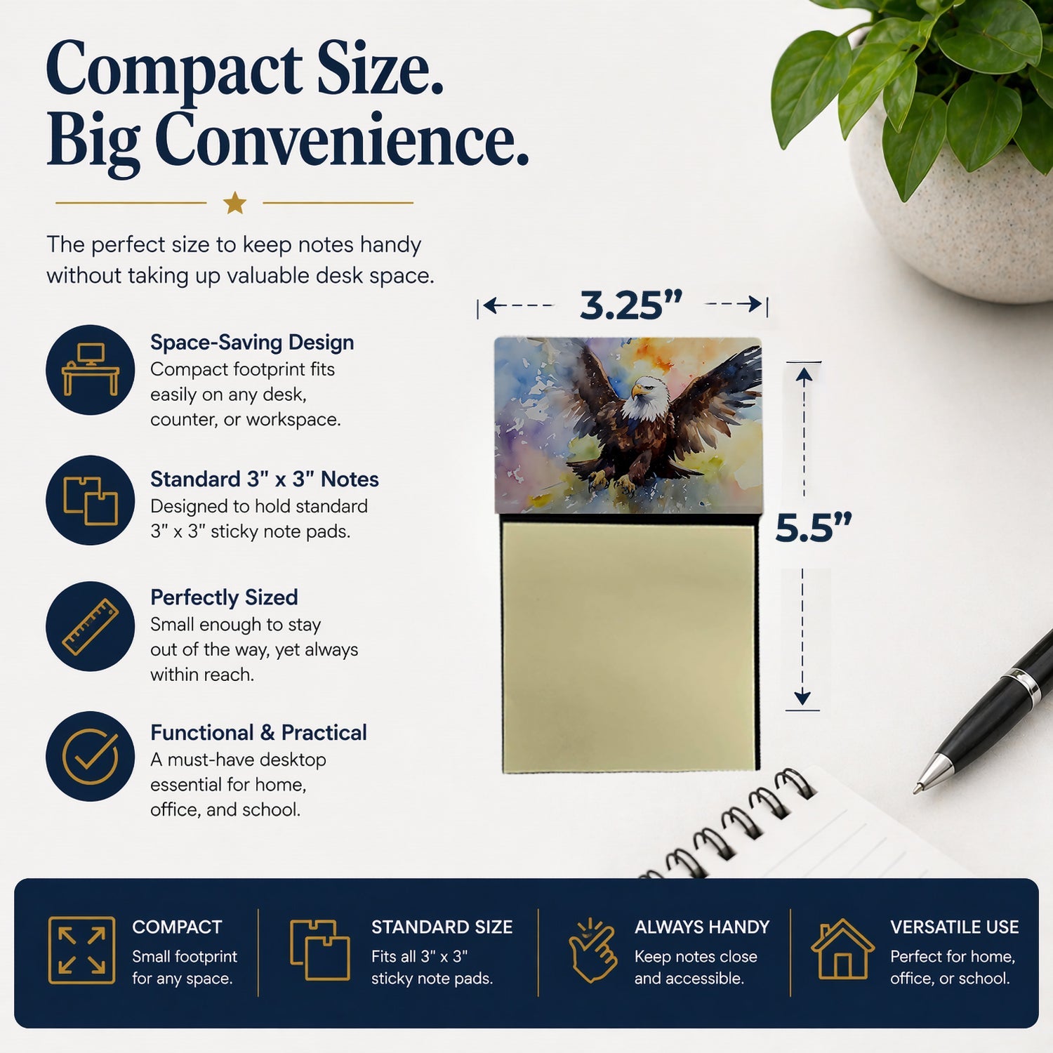 Bald Eagle Flying Wings Spread Watercolor Sticky Note Holder Refillable Dispenser Desk Accessory 3x3 Pad Gift