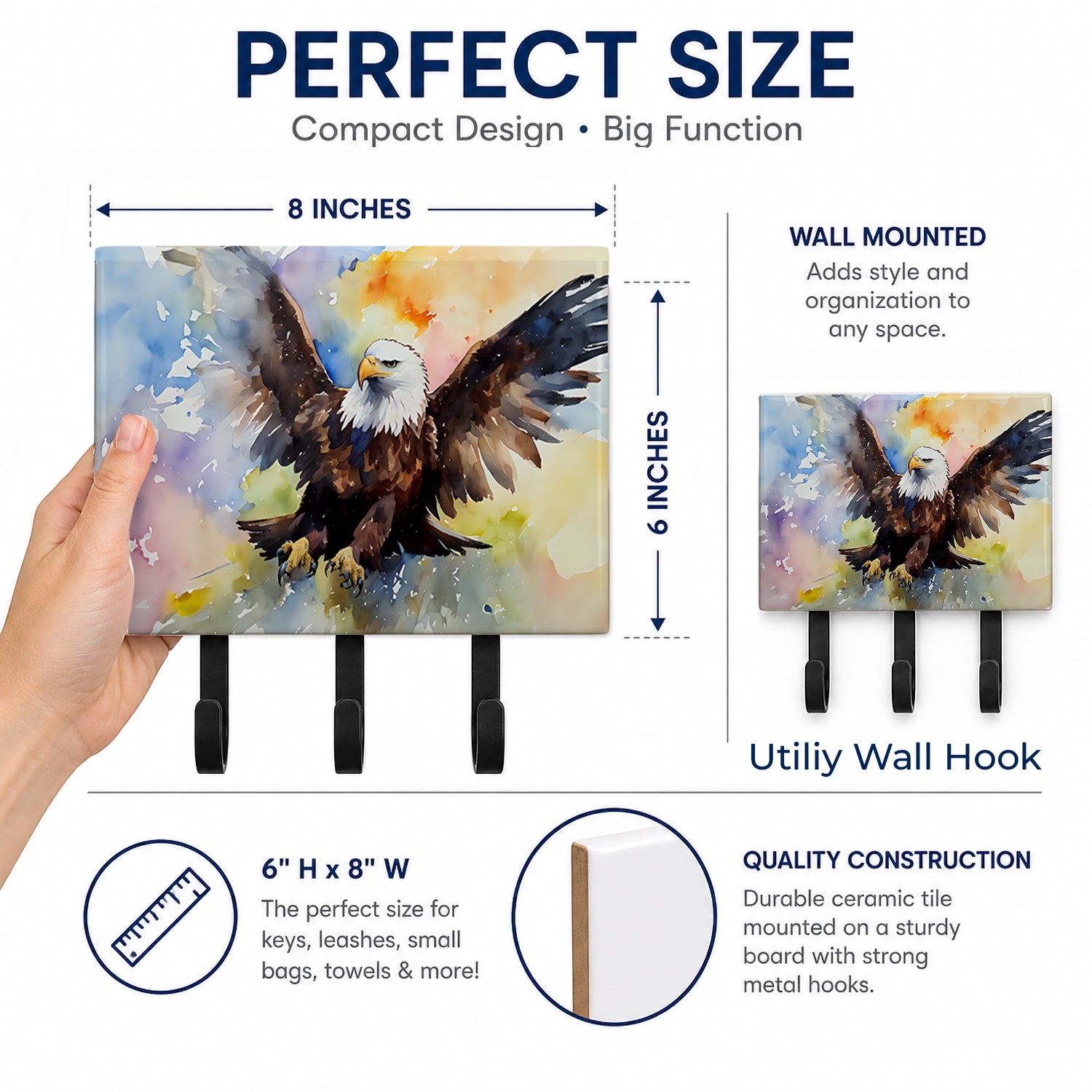Bald Eagle Flying Wings Spread Leash or Key Holder Wall Hooks, Coat Rack Wall Mount, for Hanging Keys, Towels, Aprons, Leashes