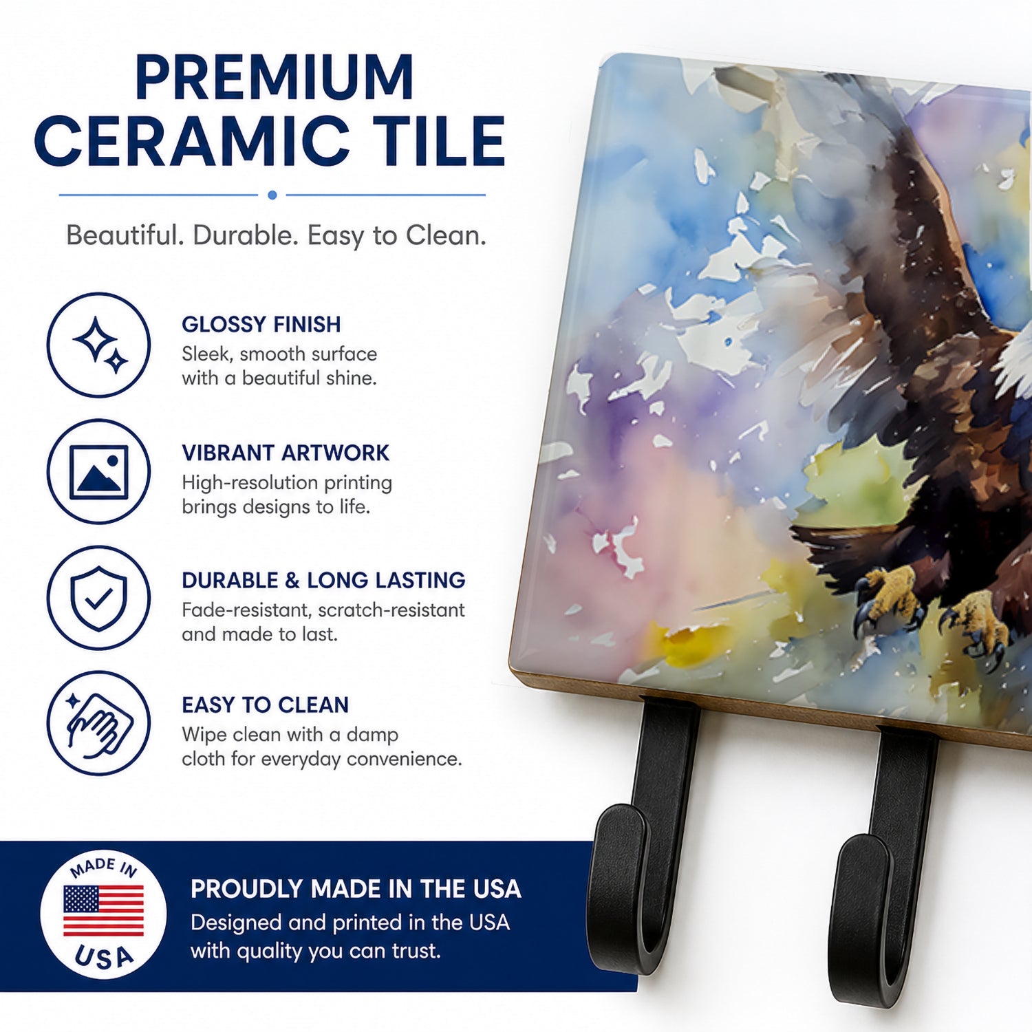 Bald Eagle Flying Wings Spread Leash or Key Holder Wall Hooks, Coat Rack Wall Mount, for Hanging Keys, Towels, Aprons, Leashes