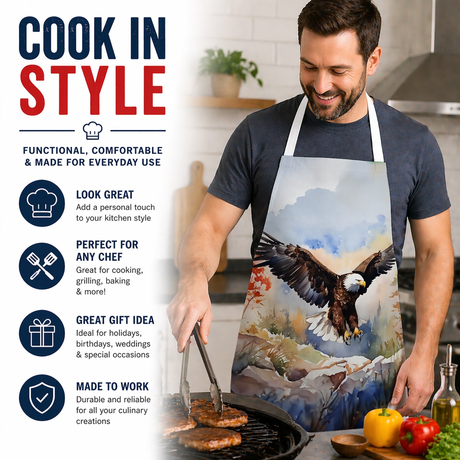 Bald Eagle Landing Wings Spread Apron Cooking Kitchen Server Baking Crafts Gardening for Adult Women Men, Unisex, Large, Multicolor
