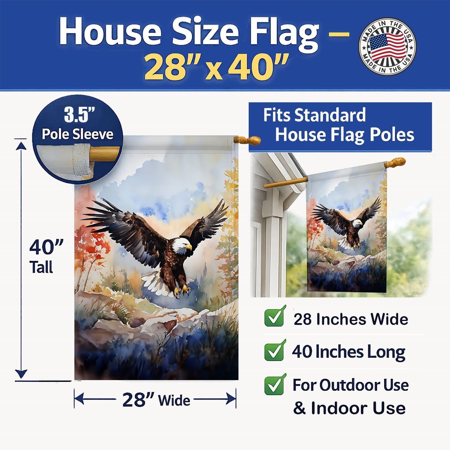 Bald Eagle Landing Wings Spread House Flag 28x40 Porch Sleeve Pole Decorative Outside Yard Banner Artwork Wall Hanging, Polyester