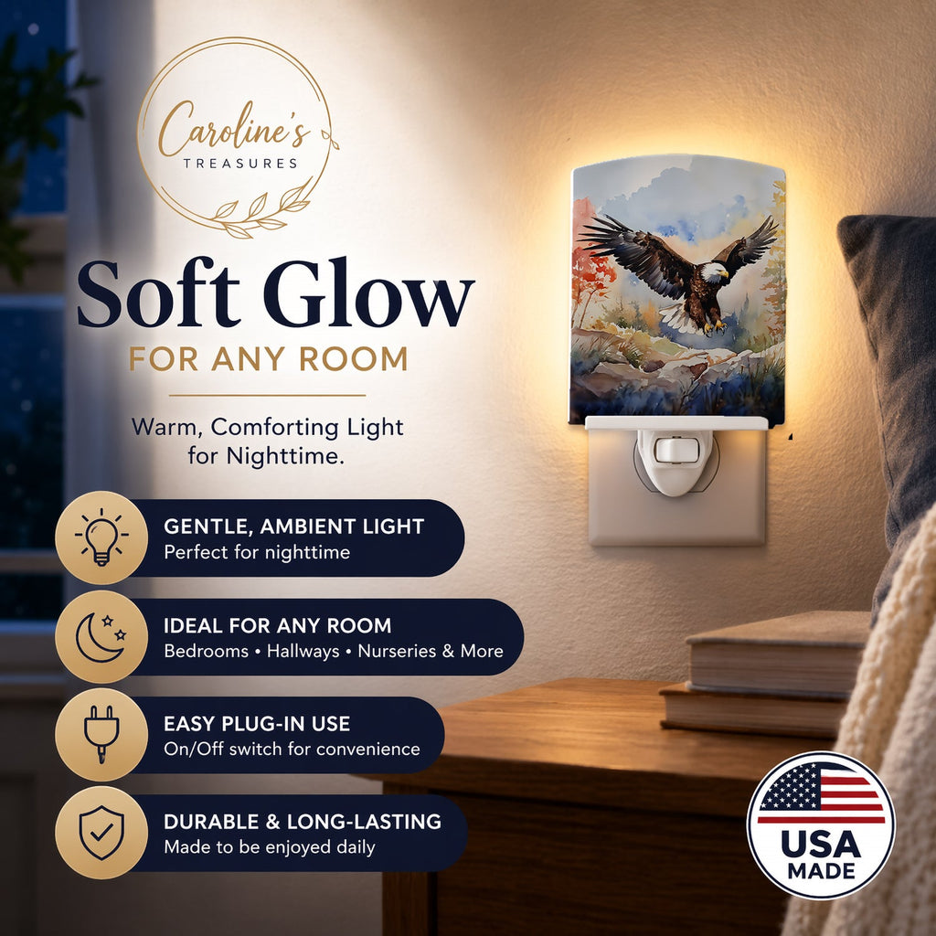 Bald Eagle Landing Wings Spread Ceramic Night Light Compact, UL-Certified, Ideal for Bedroom, Bathroom, Nursery, Hallway, Kitchen, 6x4x3, Multicolor