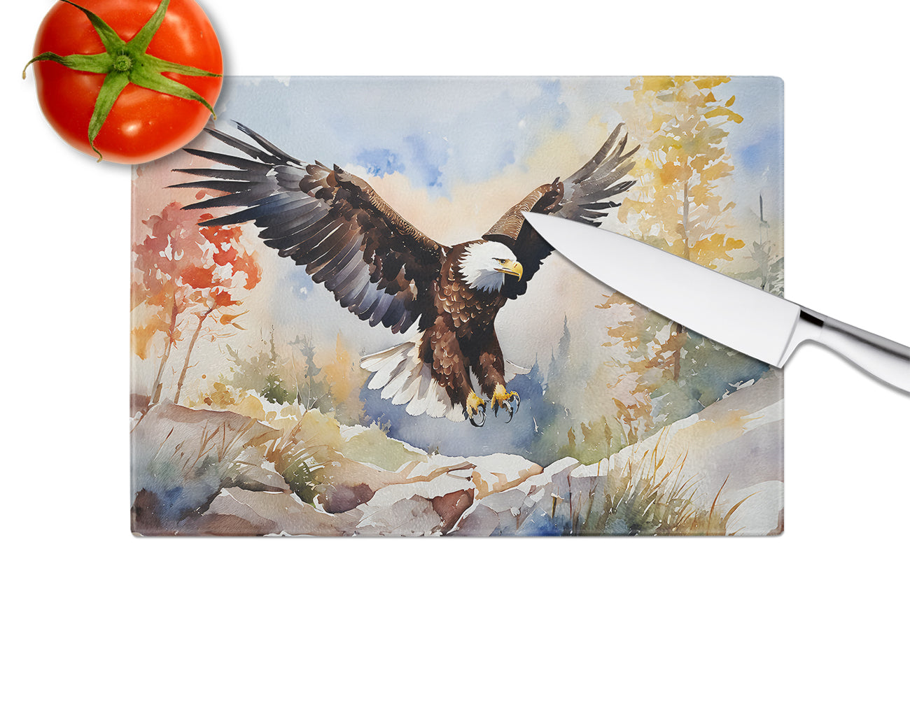 Bald Eagle Landing Wings Spread Cutting Board Tempered Glass Kitchen Cutting Surface, Heat Resistant Chopping, Non-Slip Feet, Food Prep & Serving