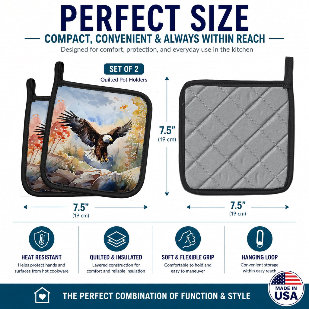 Bald Eagle Landing Wings Spread Pot Holder Set of 2 Heat Resistant Quilted Hot Pads 7.5 x 7.5 Inch, Insulated Kitchen Trivets for Cooking & Baking