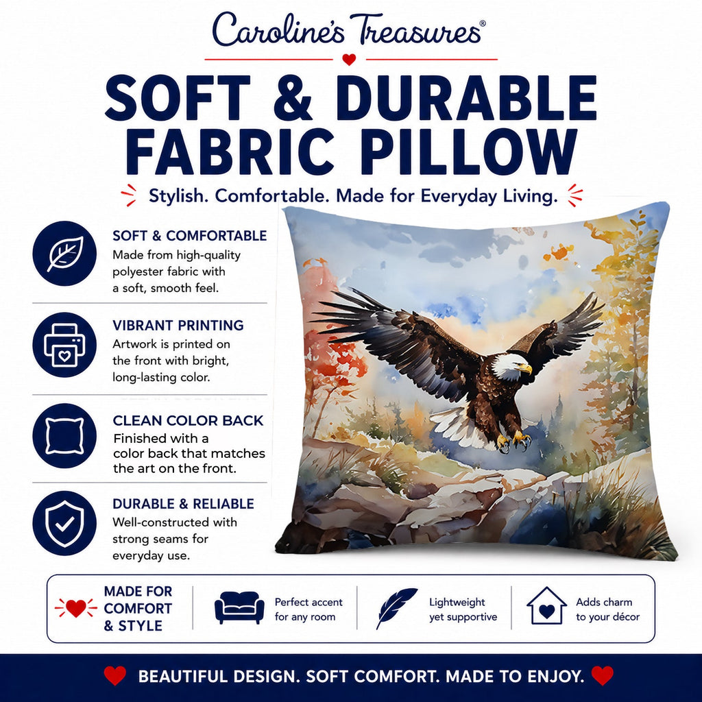 Bald Eagle Landing Wings Spread Decorative Throw Pillow 14x14 Indoor Outdoor Accent Cushion, Fabric Cover with Insert for Sofa, Bed, Porch & Living Room
