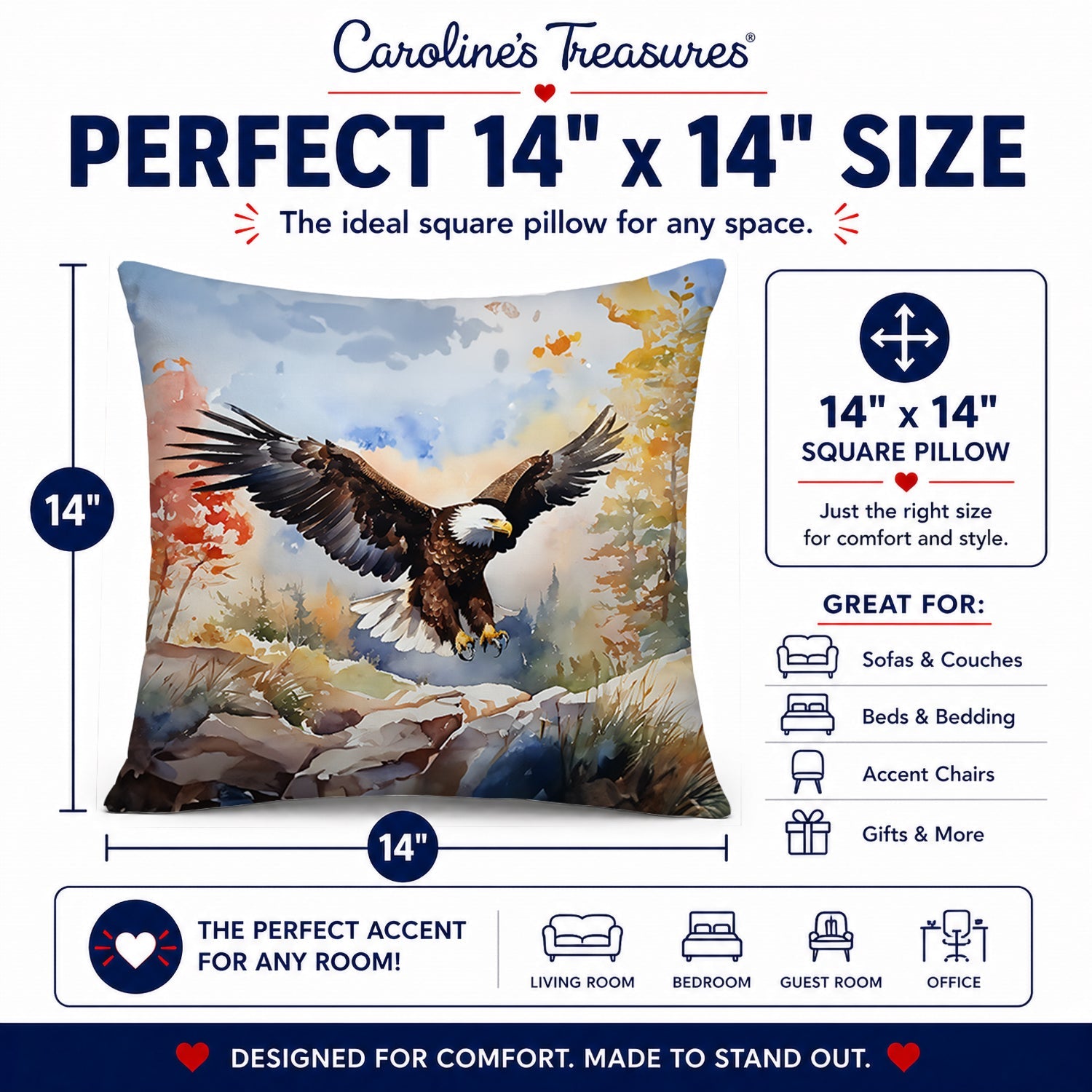 Bald Eagle Landing Wings Spread Decorative Throw Pillow 14x14 Indoor Outdoor Accent Cushion, Fabric Cover with Insert for Sofa, Bed, Porch & Living Room