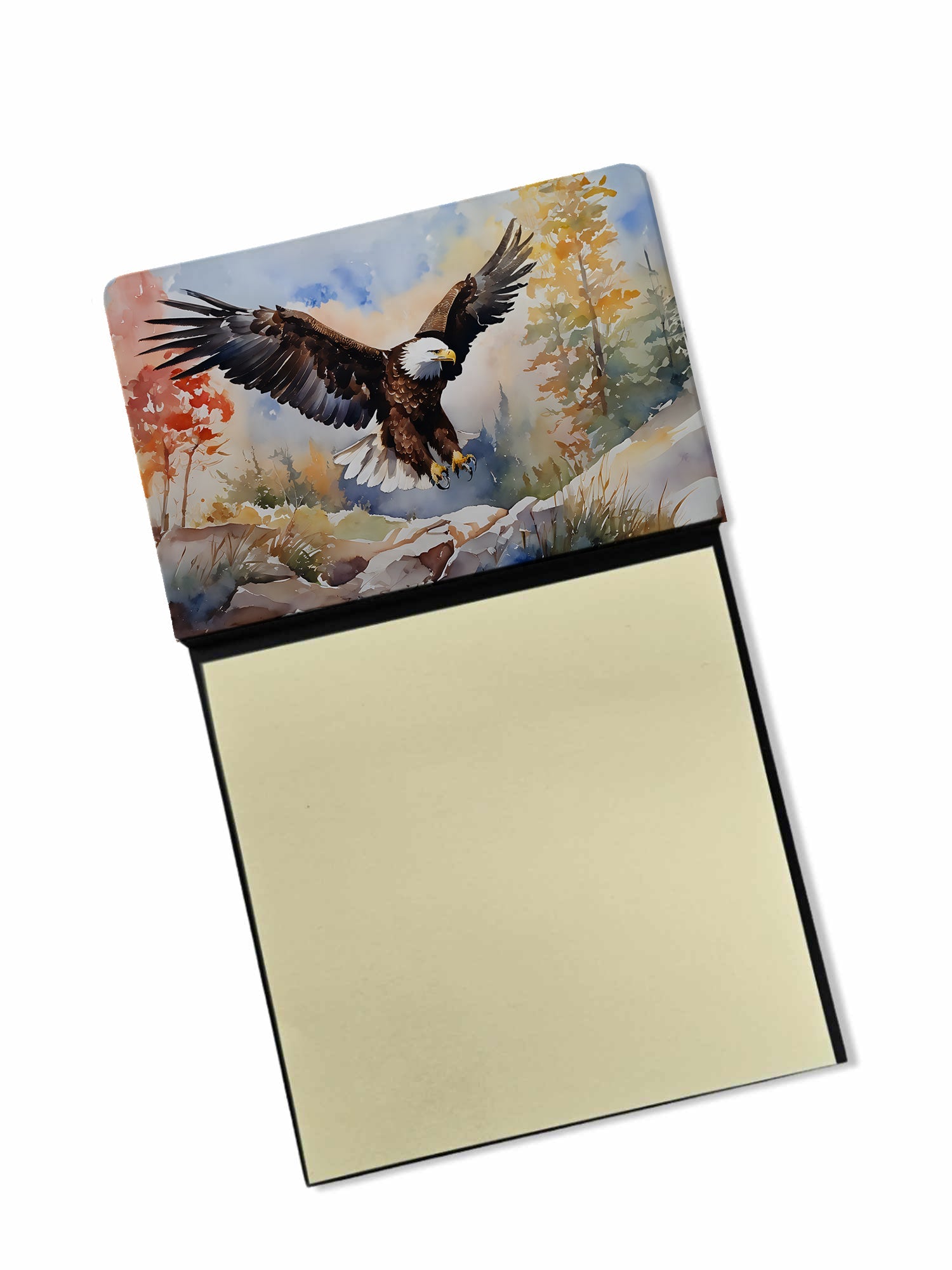Bald Eagle Landing Wings Spread Watercolor Sticky Note Holder Refillable Dispenser Desk Accessory 3x3 Pad Gift