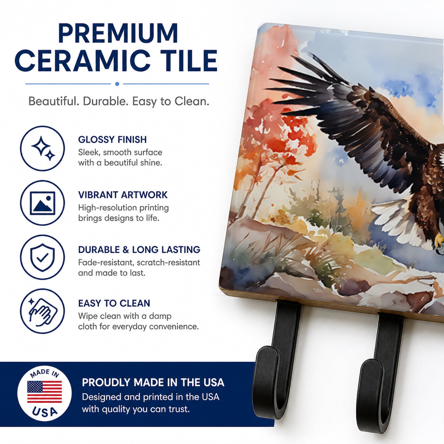 Bald Eagle Landing Wings Spread Leash or Key Holder Wall Hooks, Coat Rack Wall Mount, for Hanging Keys, Towels, Aprons, Leashes