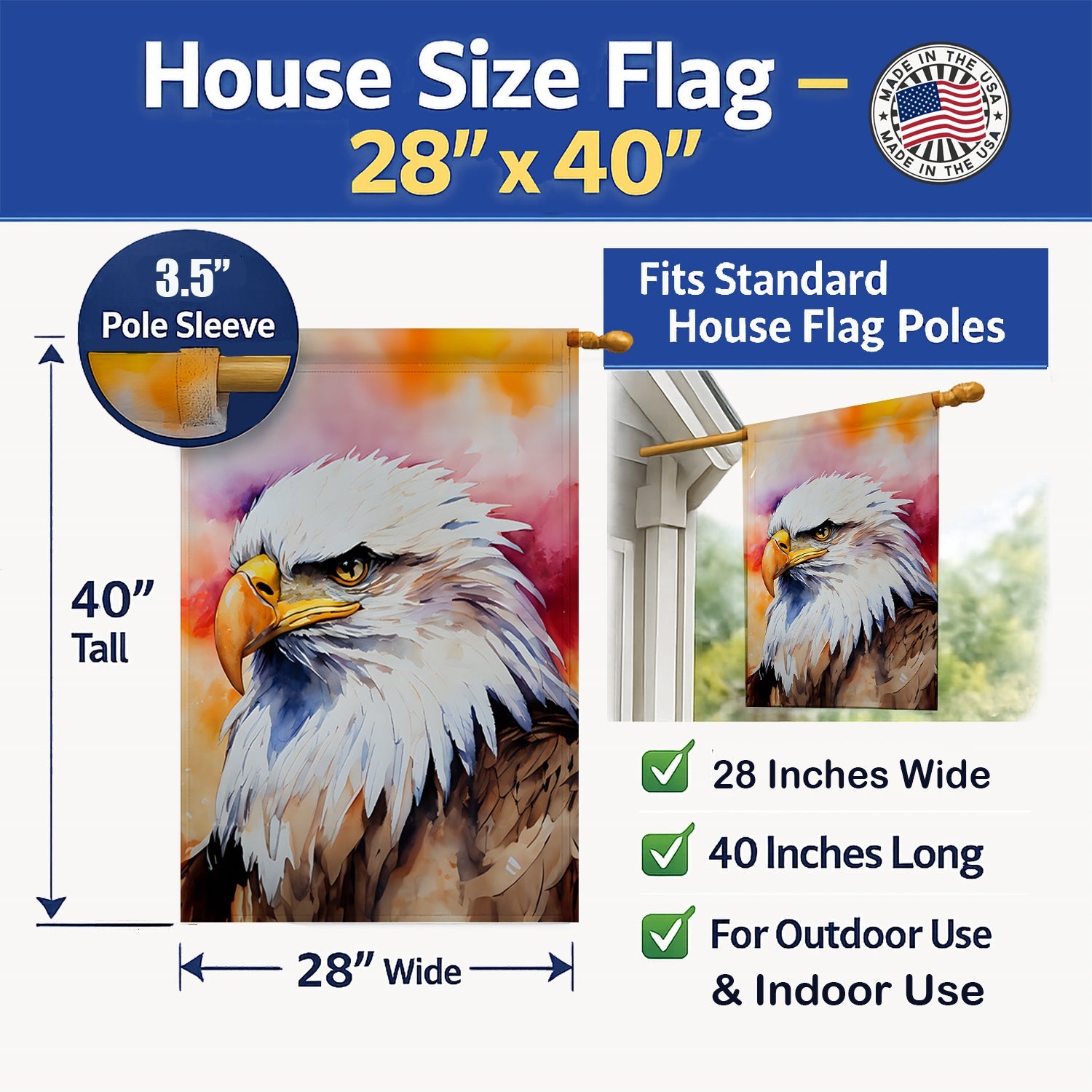 Bald Eagle Portrait Side View House Flag 28x40 Porch Sleeve Pole Decorative Outside Yard Banner Artwork Wall Hanging, Polyester