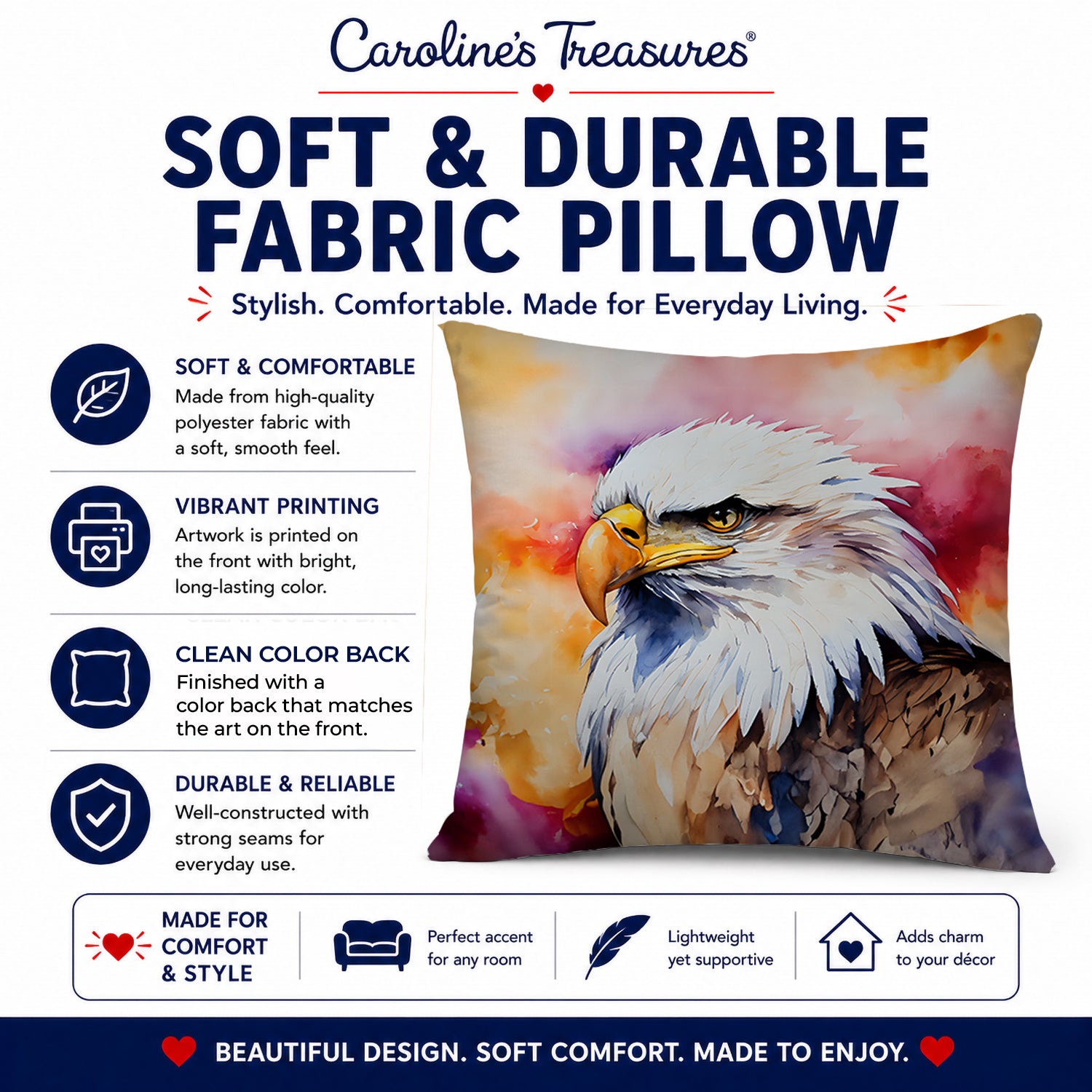 Bald Eagle Portrait Side View Decorative Throw Pillow 14x14 Indoor Outdoor Accent Cushion, Fabric Cover with Insert for Sofa, Bed, Porch & Living Room