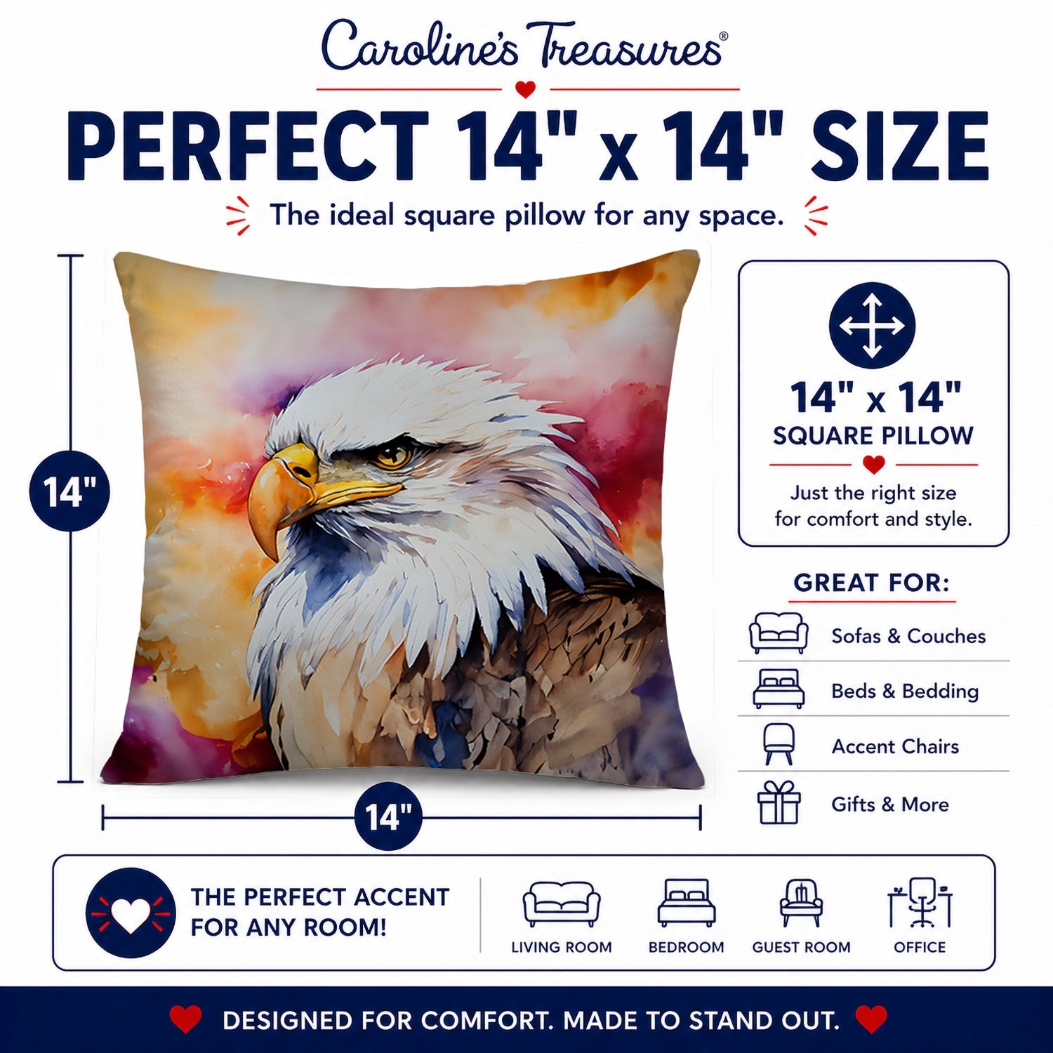 Bald Eagle Portrait Side View Decorative Throw Pillow 14x14 Indoor Outdoor Accent Cushion, Fabric Cover with Insert for Sofa, Bed, Porch & Living Room
