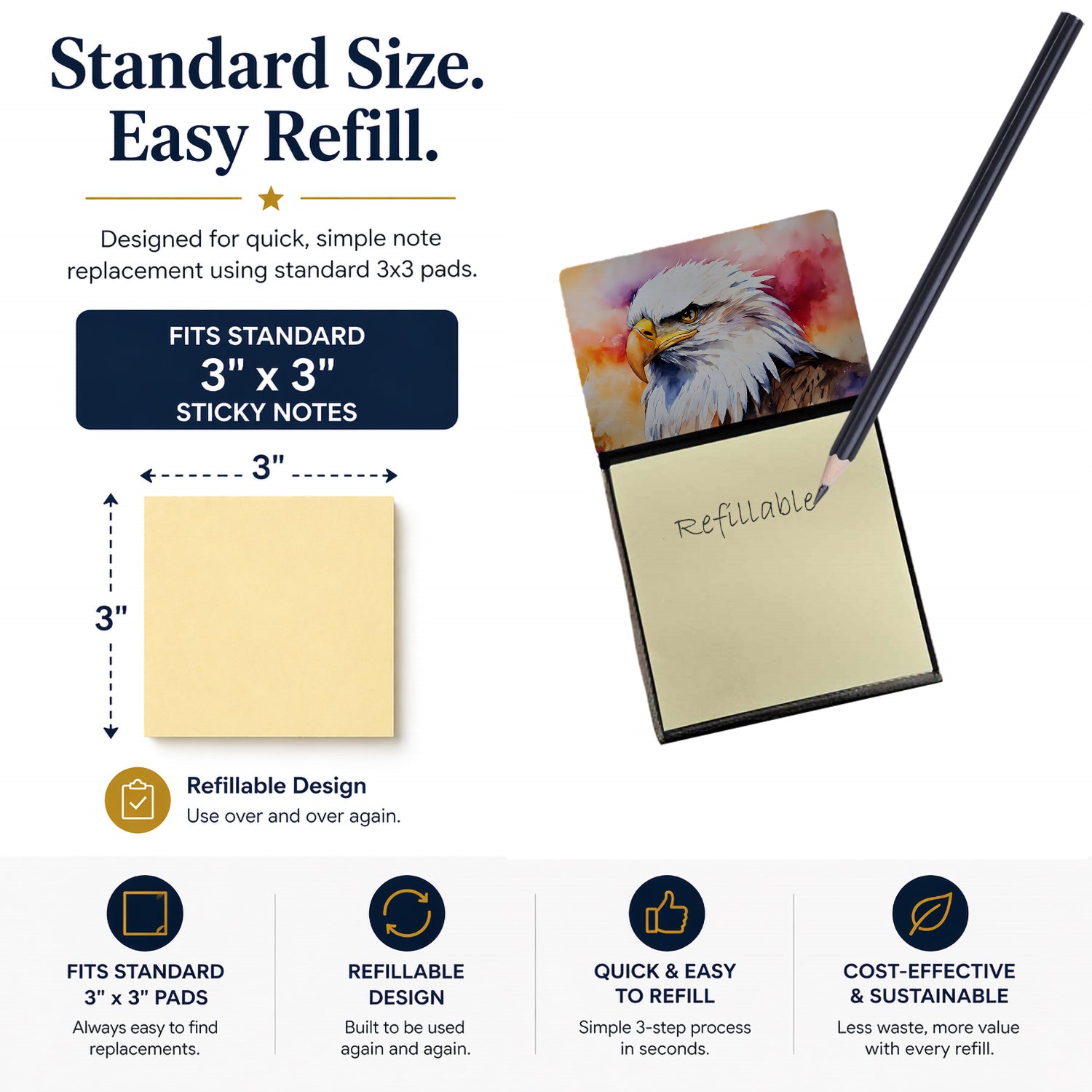 Bald Eagle Portrait Side View Watercolor Sticky Note Holder Refillable Dispenser Desk Accessory 3x3 Pad Gift
