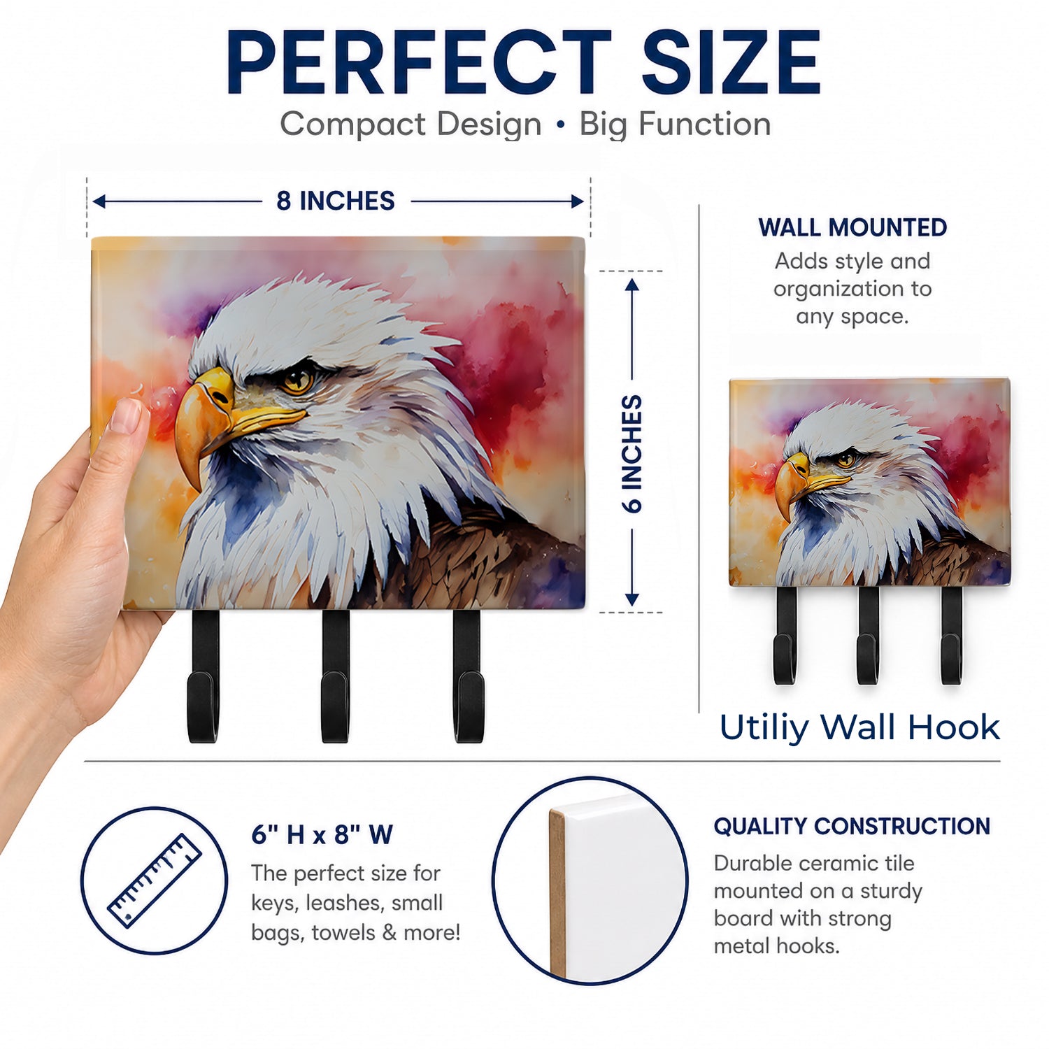 Bald Eagle Portrait Side View Leash or Key Holder Wall Hooks, Coat Rack Wall Mount, for Hanging Keys, Towels, Aprons, Leashes