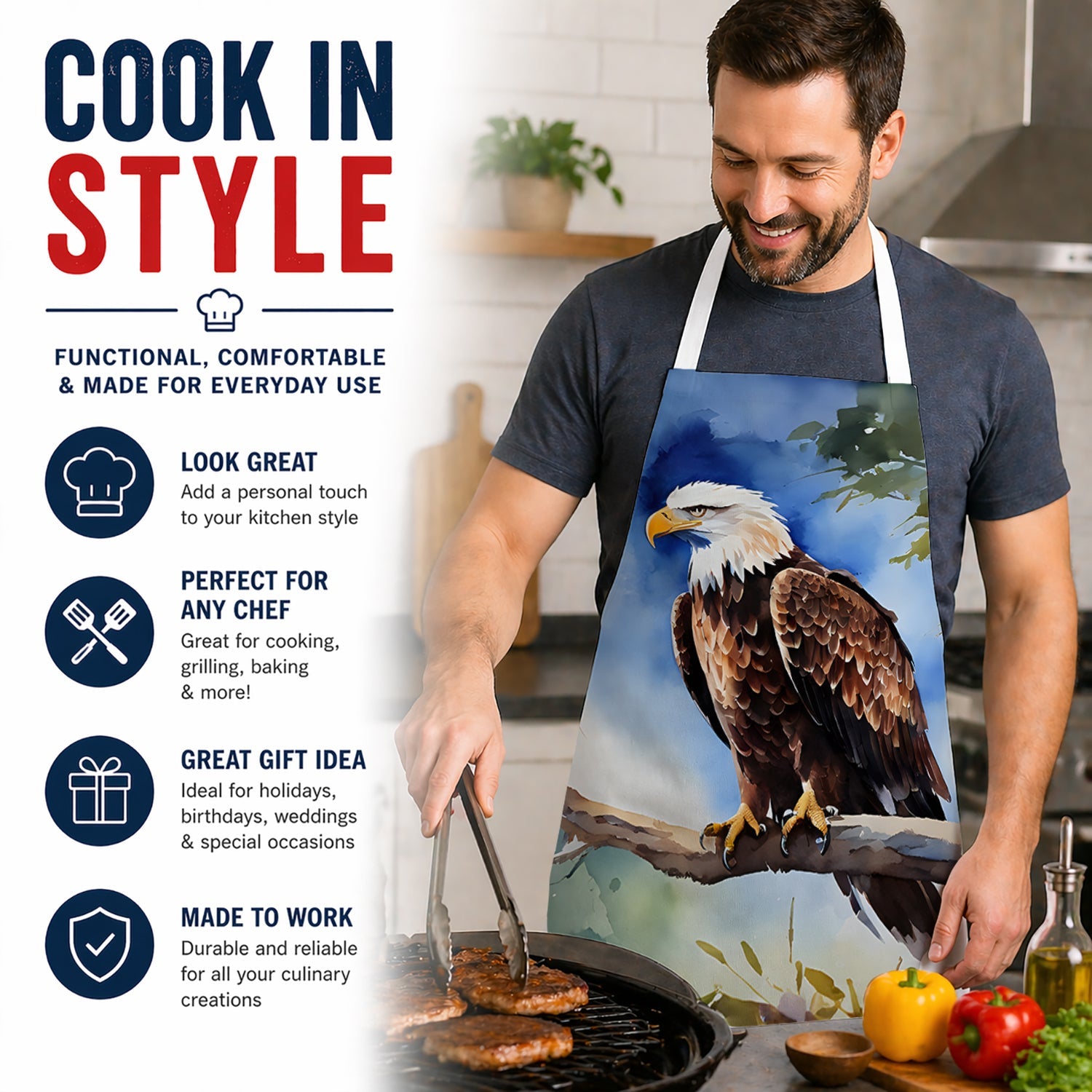 Bald Eagle Perched Tree Branch Apron Cooking Kitchen Server Baking Crafts Gardening for Adult Women Men, Unisex, Large, Multicolor