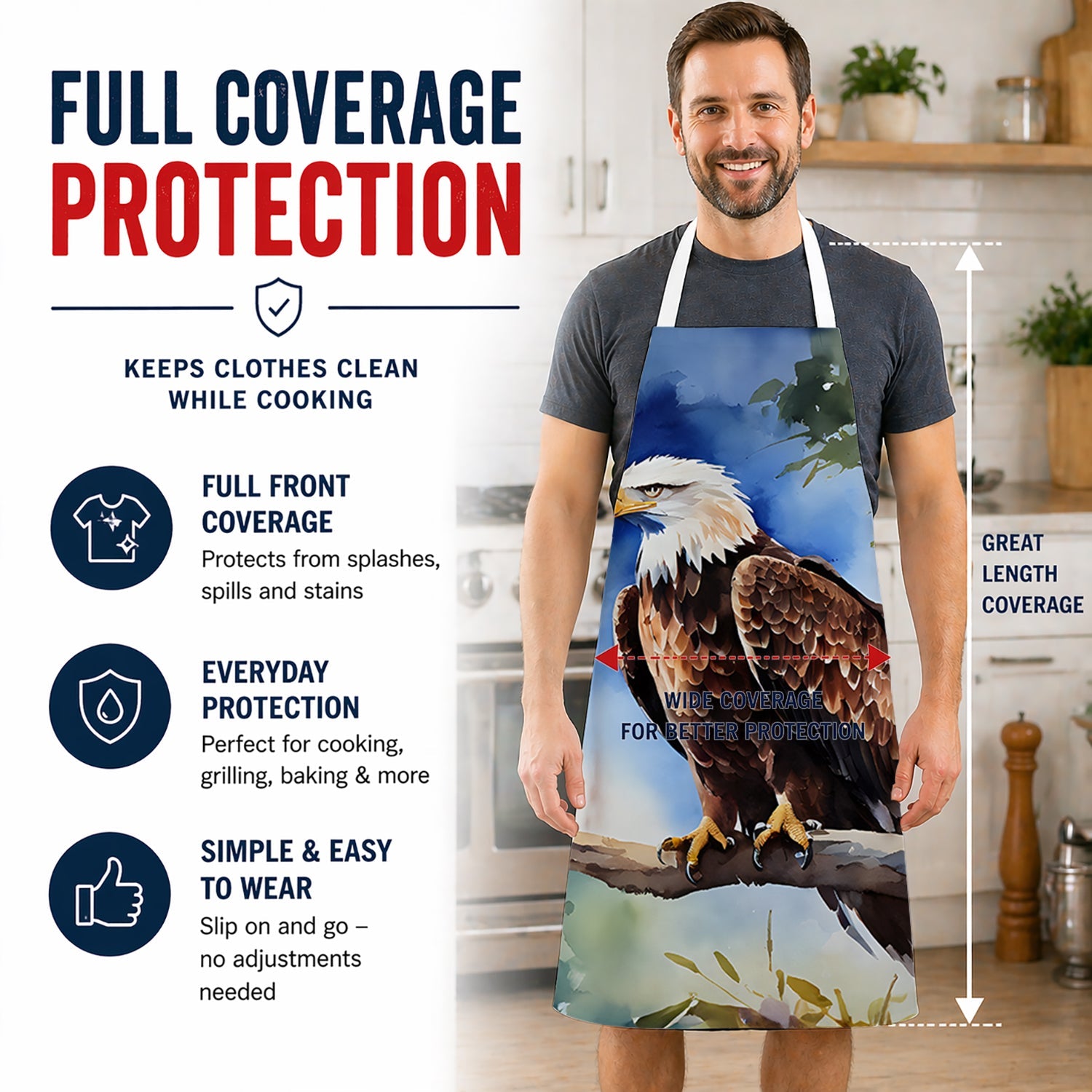 Bald Eagle Perched Tree Branch Apron Cooking Kitchen Server Baking Crafts Gardening for Adult Women Men, Unisex, Large, Multicolor