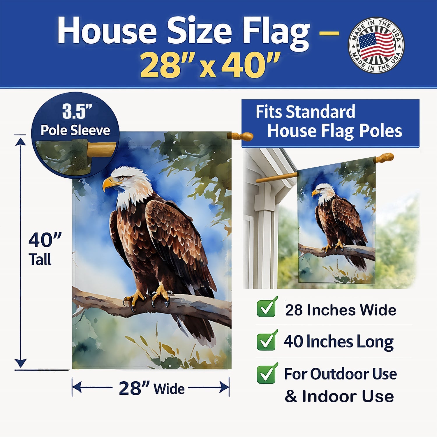 Bald Eagle Perched Tree Branch House Flag 28x40 Porch Sleeve Pole Decorative Outside Yard Banner Artwork Wall Hanging, Polyester