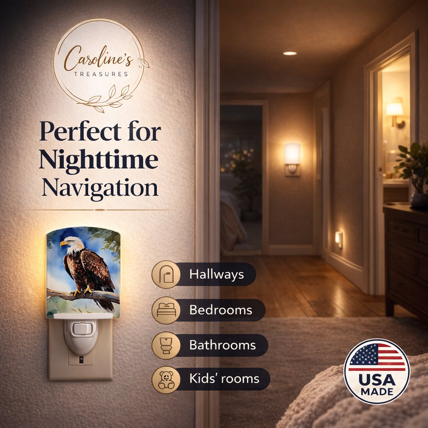 Bald Eagle Perched Tree Branch Ceramic Night Light Compact, UL-Certified, Ideal for Bedroom, Bathroom, Nursery, Hallway, Kitchen, 6x4x3, Multicolor