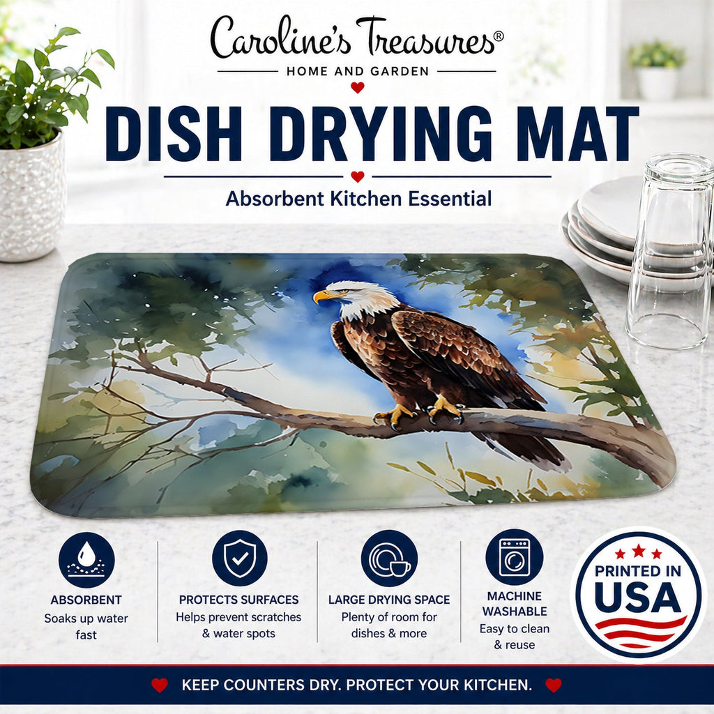 Bald Eagle Perched Tree Branch Dish Drying Mat Absorbent Dish Drying Mat Pad for Kitchen Counter Dish Drainer Mat for Countertop, 14 x 21", Multicolor