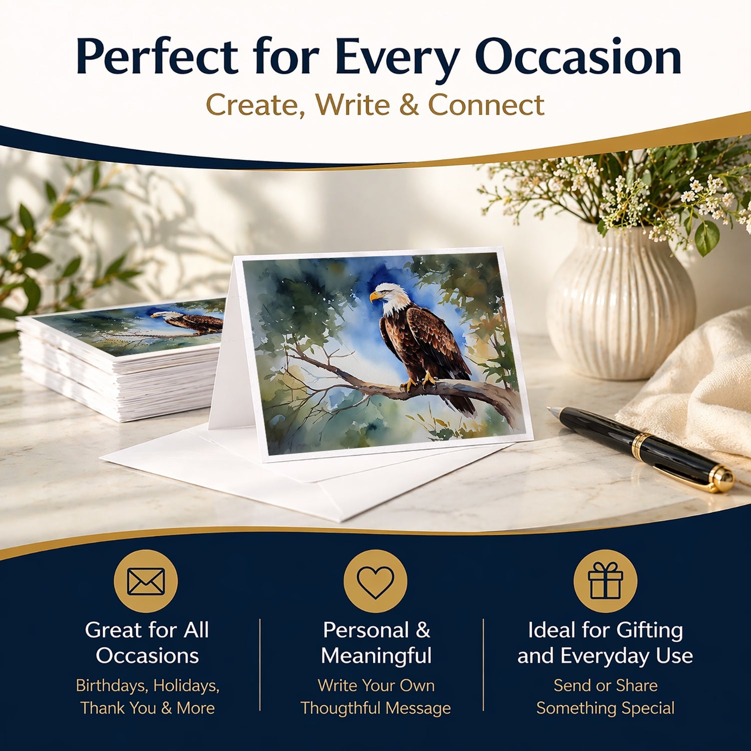 Bald Eagle Perched Tree Branch Greeting Cards Pack of 8 Blank Cards with Envelopes Whimsical A7 Size 5x7