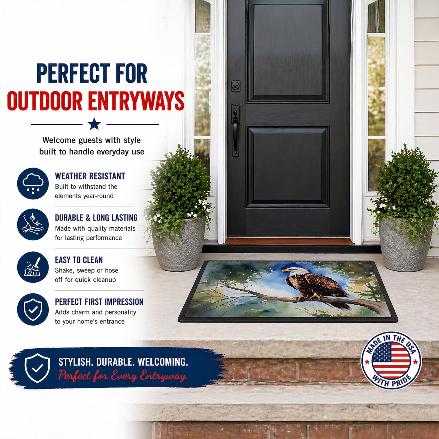 Bald Eagle Perched Tree Branch Doormat Indoor Outdoor 24H X 36W Front Door Mat Rugs for Entryway, Non Slip Washable Low Pile,