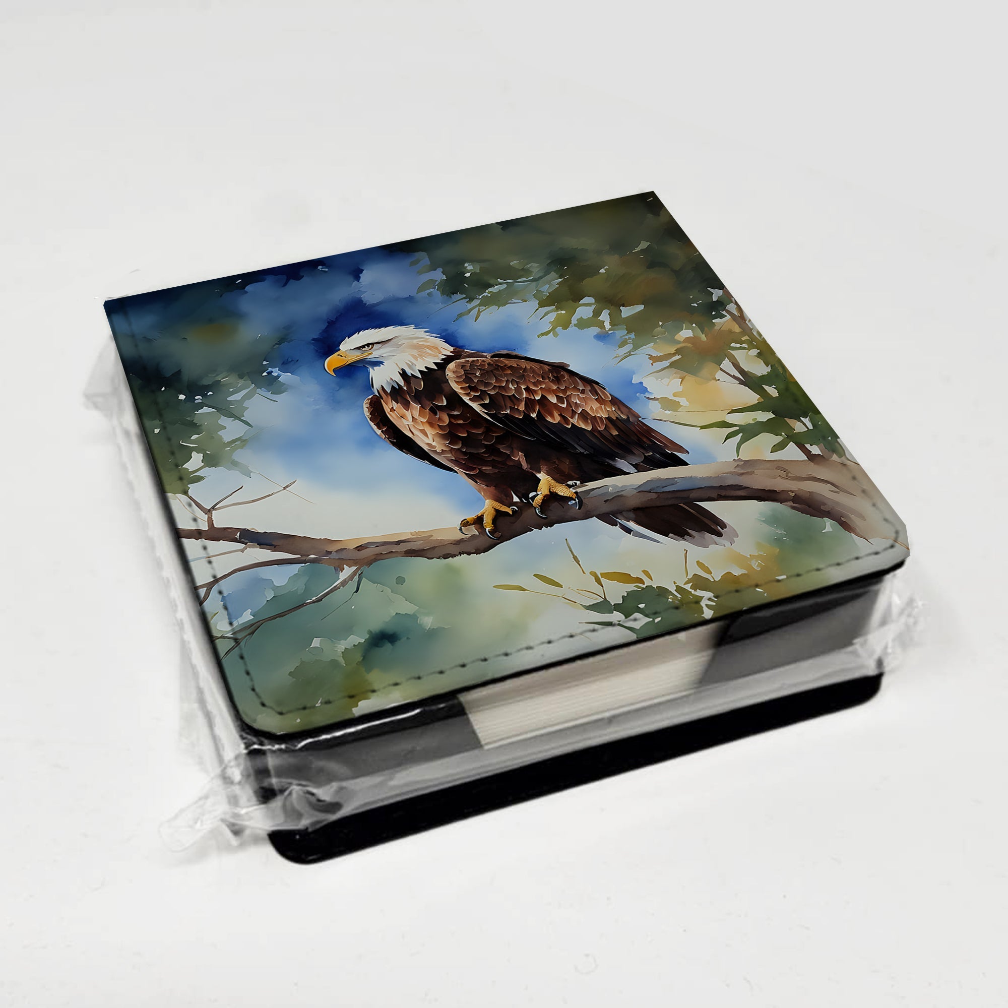 Bald Eagle Perched Tree Branch PU Leather Note Paper Holder with Artist-Designed Cover, Desk Accessory, Office Gift