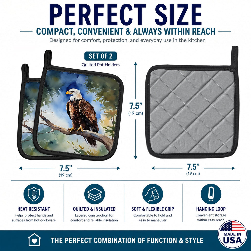 Bald Eagle Perched Tree Branch Pot Holder Set of 2 Heat Resistant Quilted Hot Pads 7.5 x 7.5 Inch, Insulated Kitchen Trivets for Cooking & Baking