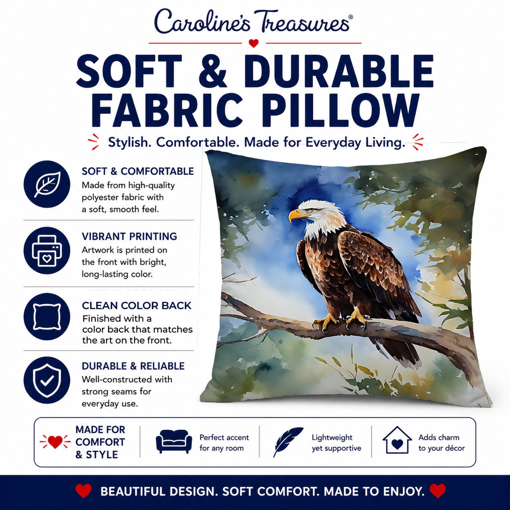 Bald Eagle Perched Tree Branch Decorative Throw Pillow 14x14 Indoor Outdoor Accent Cushion, Fabric Cover with Insert for Sofa, Bed, Porch & Living Room