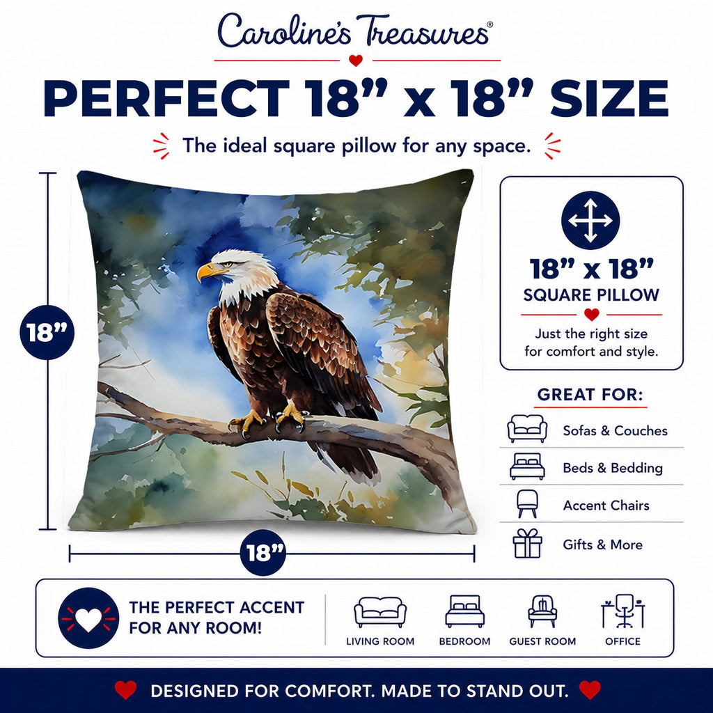 Bald Eagle Perched Tree Branch Decorative Throw Pillow 18x18 Indoor Outdoor Accent Cushion, Fabric Cover with Insert for Sofa, Bed, Porch & Living Room