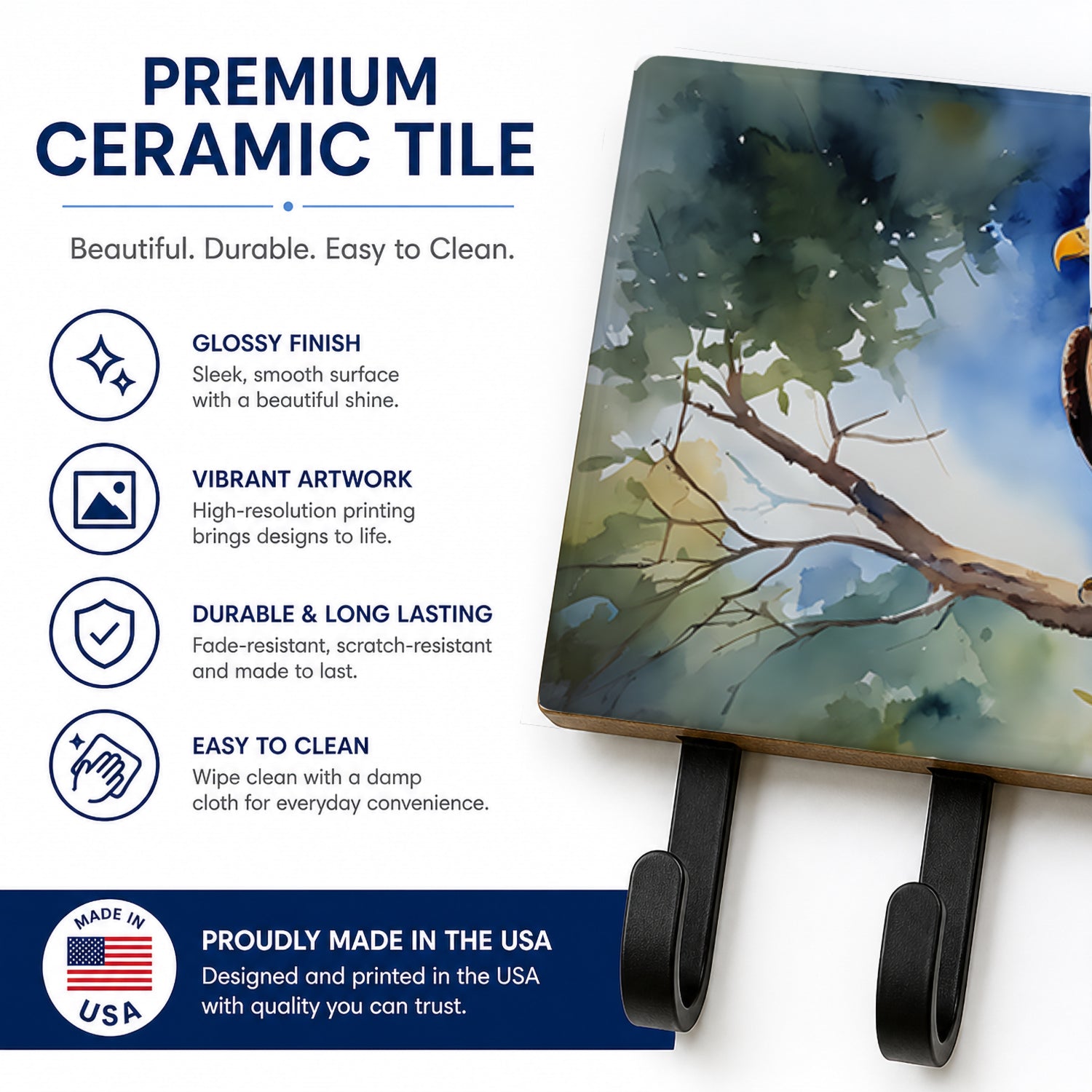 Bald Eagle Perched Tree Branch Leash or Key Holder Wall Hooks, Coat Rack Wall Mount, for Hanging Keys, Towels, Aprons, Leashes