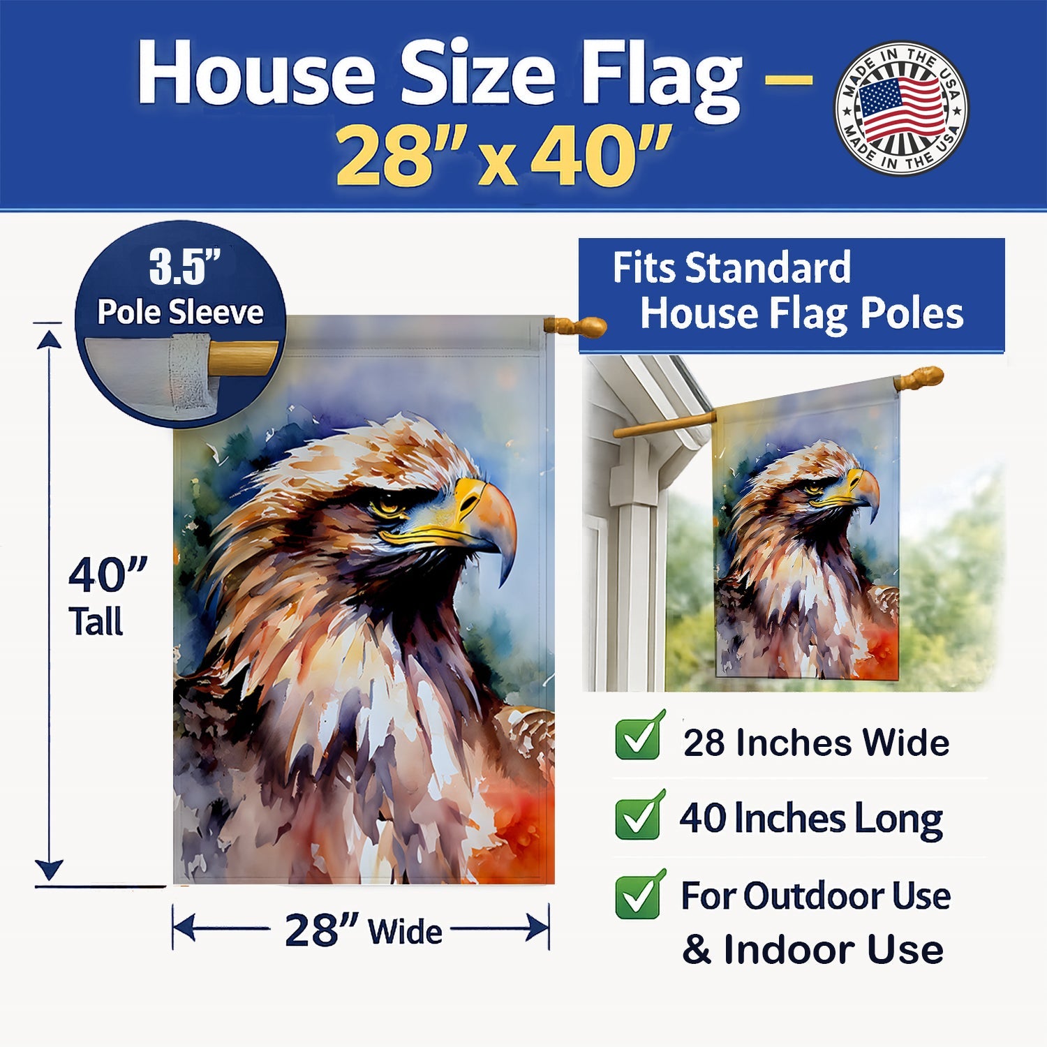 Bald Eagle Portrait Close Detail House Flag 28x40 Porch Sleeve Pole Decorative Outside Yard Banner Artwork Wall Hanging, Polyester