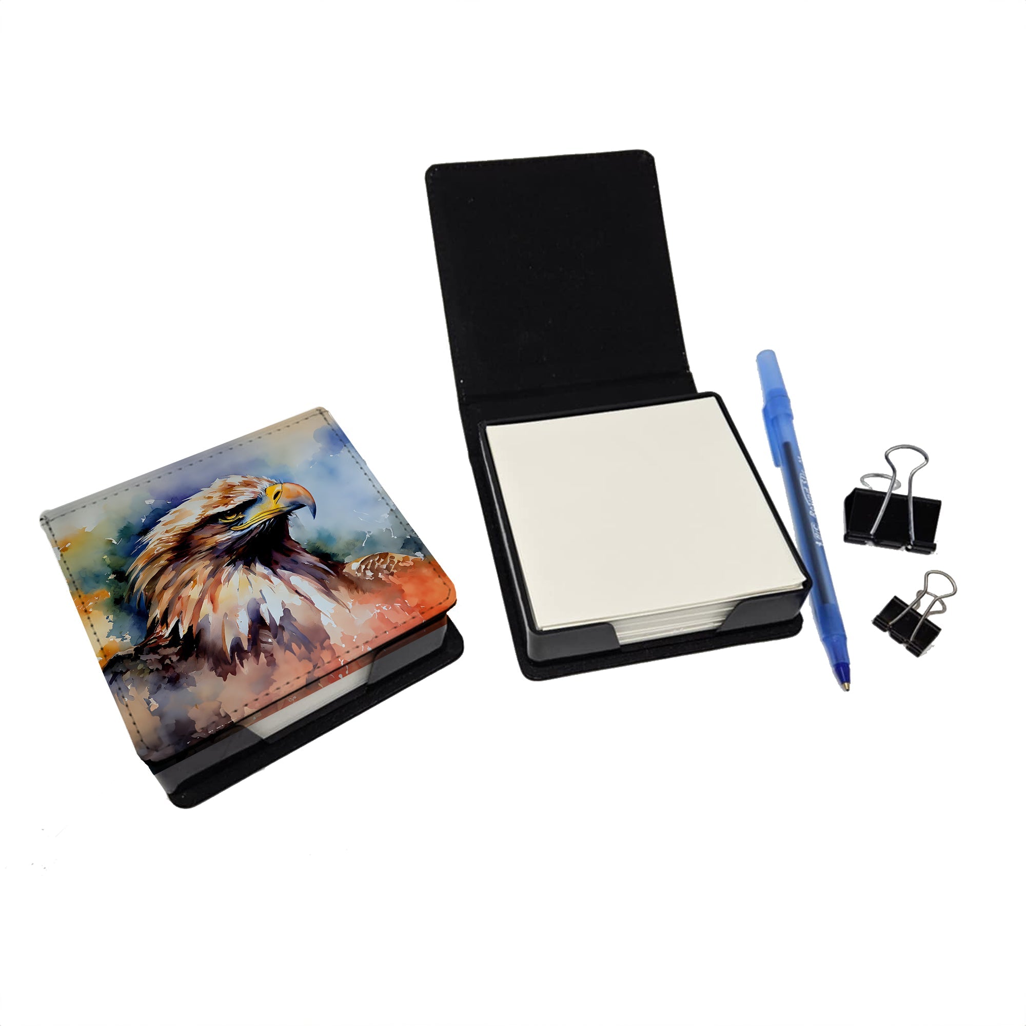 Bald Eagle Portrait Close Detail PU Leather Note Paper Holder with Artist-Designed Cover, Desk Accessory, Office Gift