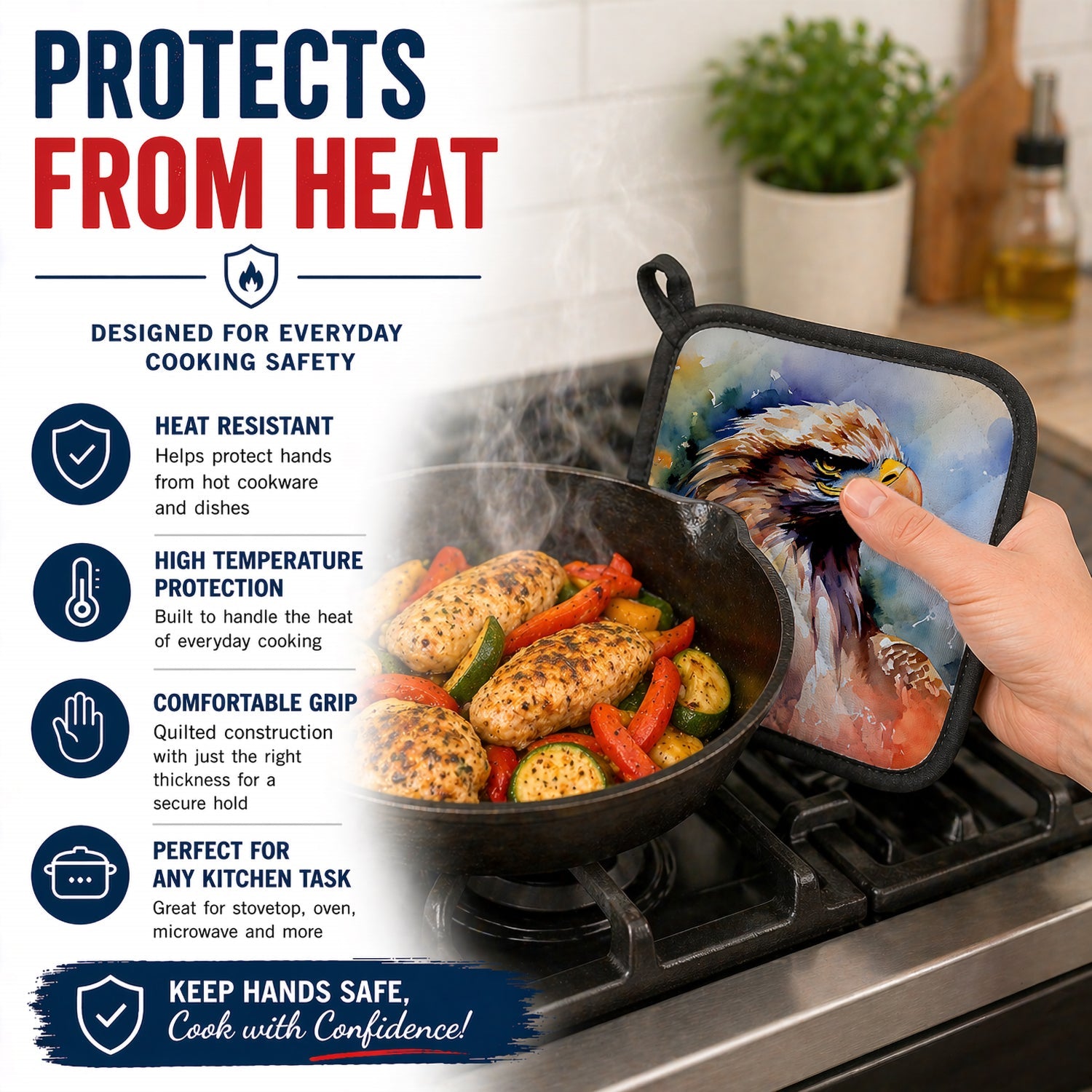Bald Eagle Portrait Close Detail Pot Holder Set of 2 Heat Resistant Quilted Hot Pads 7.5 x 7.5 Inch, Insulated Kitchen Trivets for Cooking & Baking