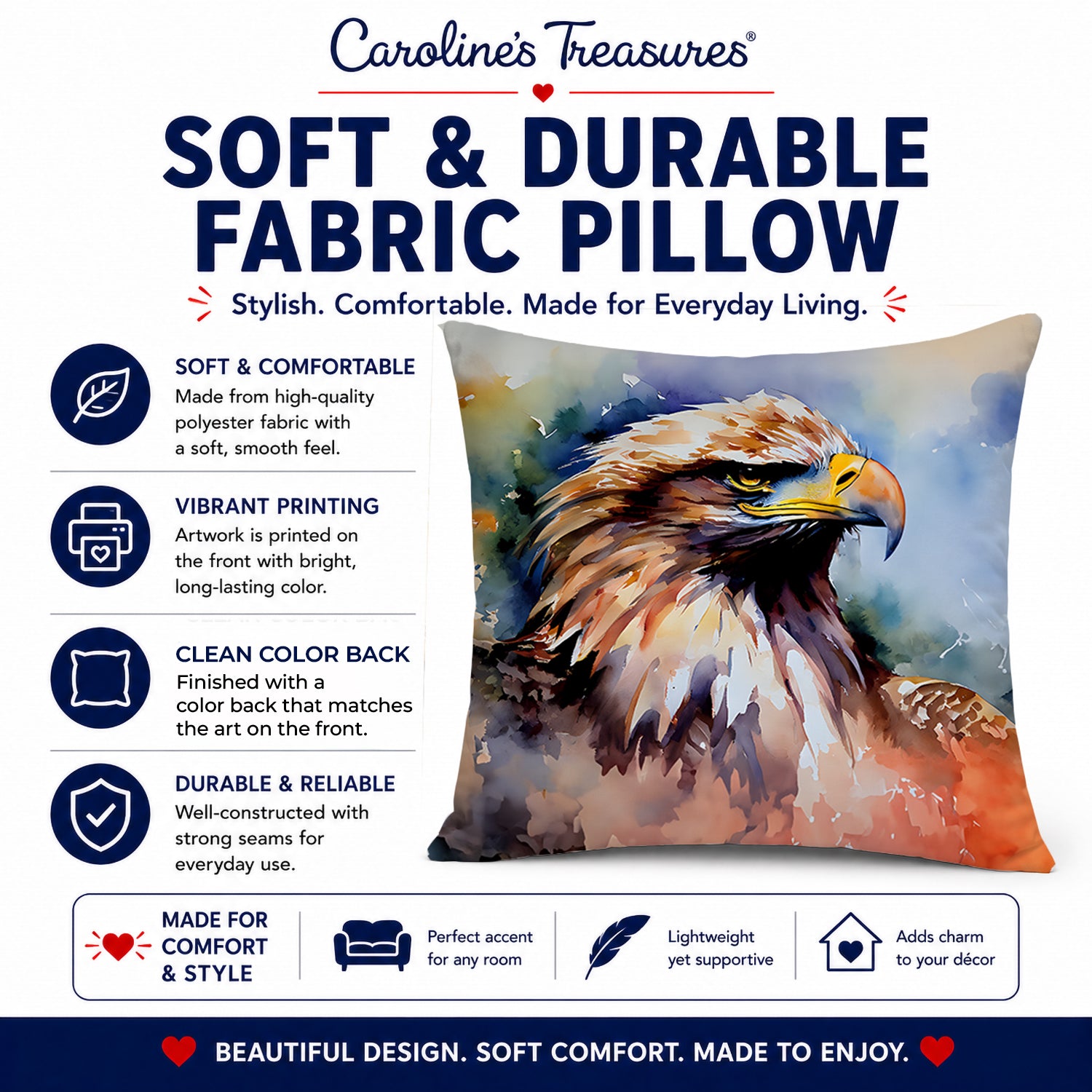 Bald Eagle Portrait Close Detail Decorative Throw Pillow 14x14 Indoor Outdoor Accent Cushion, Fabric Cover with Insert for Sofa, Bed, Porch & Living Room