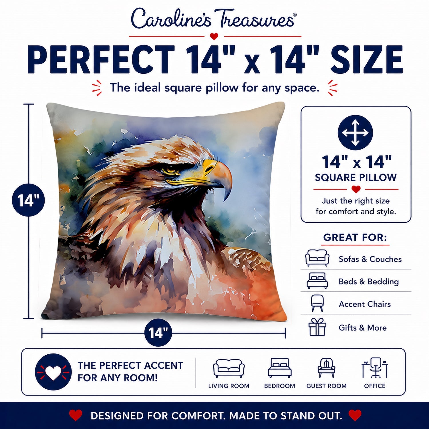 Bald Eagle Portrait Close Detail Decorative Throw Pillow 14x14 Indoor Outdoor Accent Cushion, Fabric Cover with Insert for Sofa, Bed, Porch & Living Room