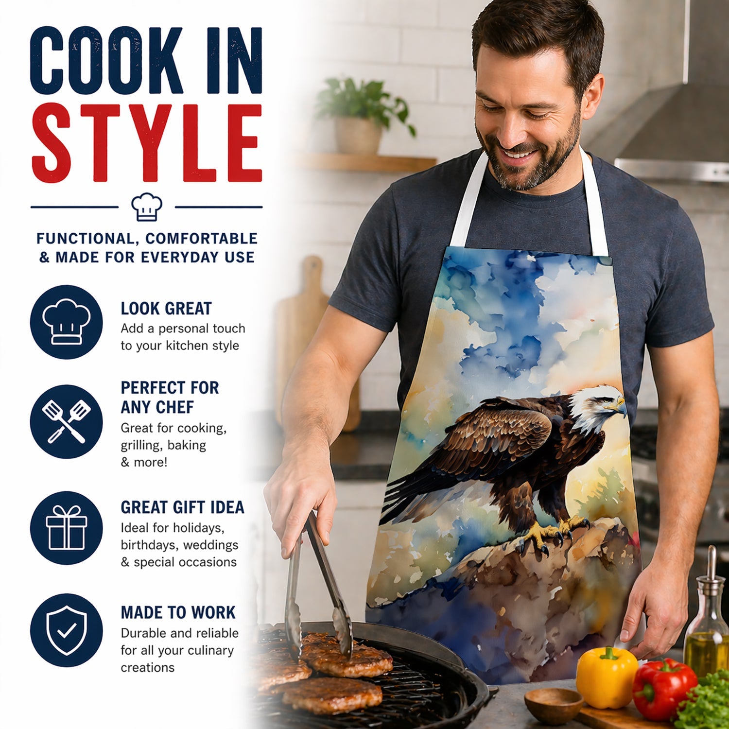 Bald Eagle Perched Rock Wildlife Apron Cooking Kitchen Server Baking Crafts Gardening for Adult Women Men, Unisex, Large, Multicolor