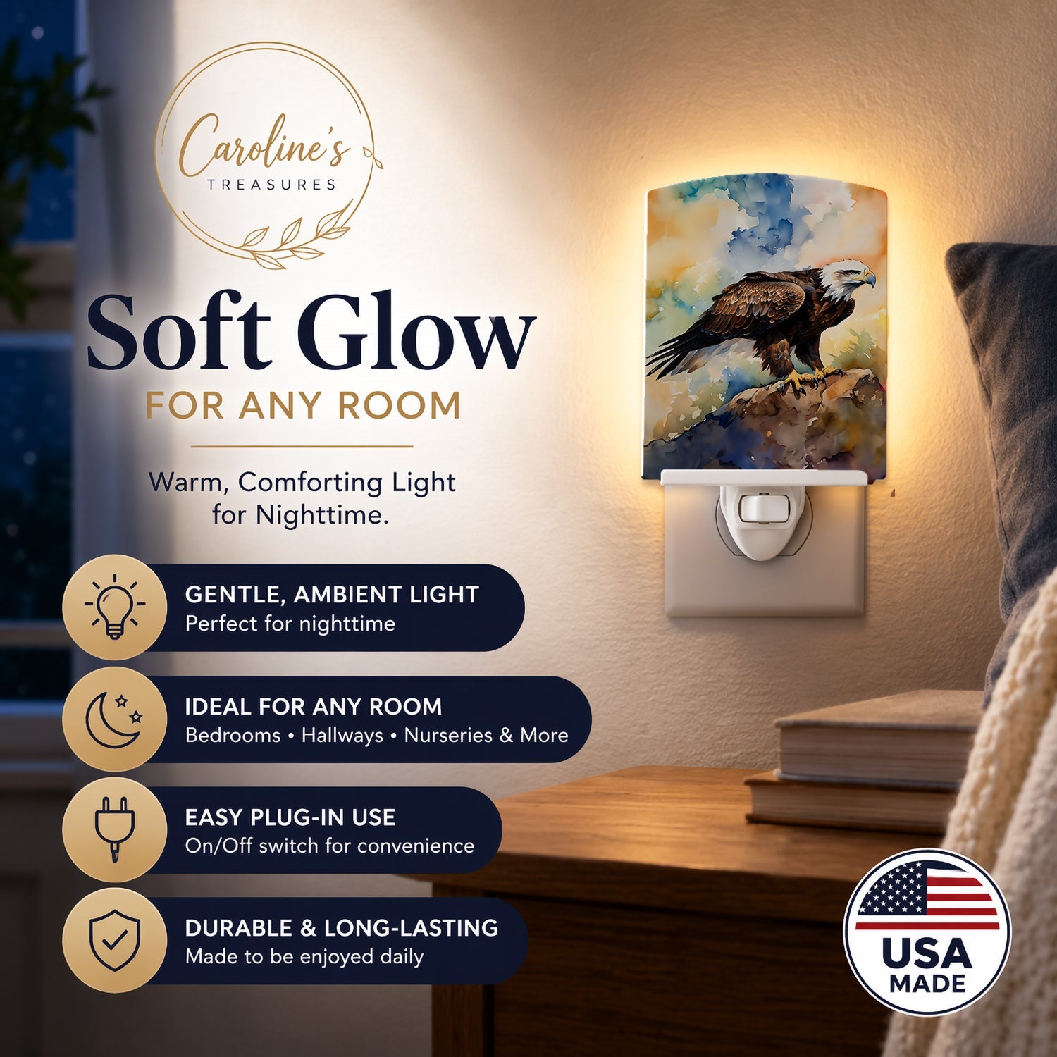 Bald Eagle Perched Rock Wildlife Ceramic Night Light Compact, UL-Certified, Ideal for Bedroom, Bathroom, Nursery, Hallway, Kitchen, 6x4x3, Multicolor
