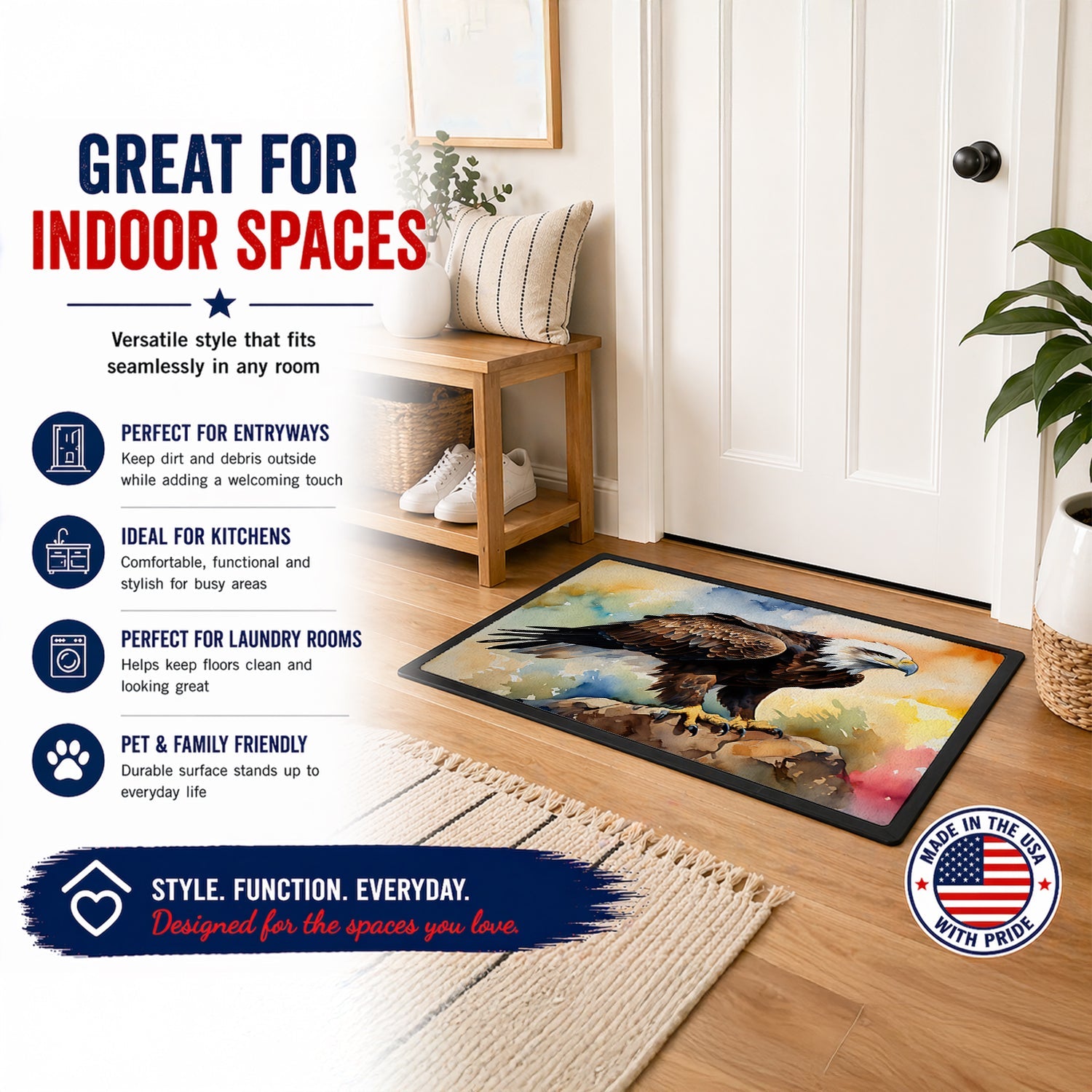 Bald Eagle Perched Rock Wildlife Doormat Indoor Outdoor 18H X 27W Front Door Mat Rugs for Entryway, Non Slip Washable