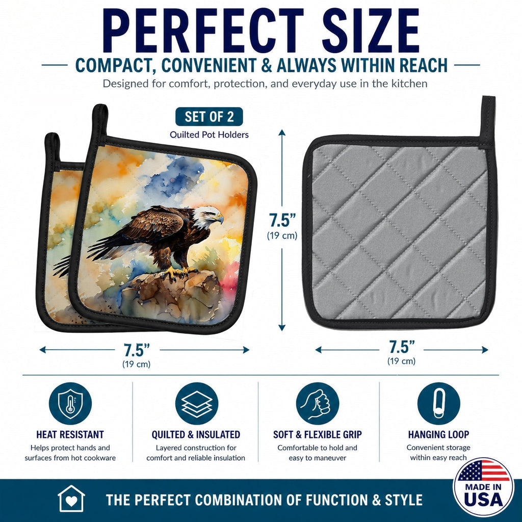 Bald Eagle Perched Rock Wildlife Pot Holder Set of 2 Heat Resistant Quilted Hot Pads 7.5 x 7.5 Inch, Insulated Kitchen Trivets for Cooking & Baking