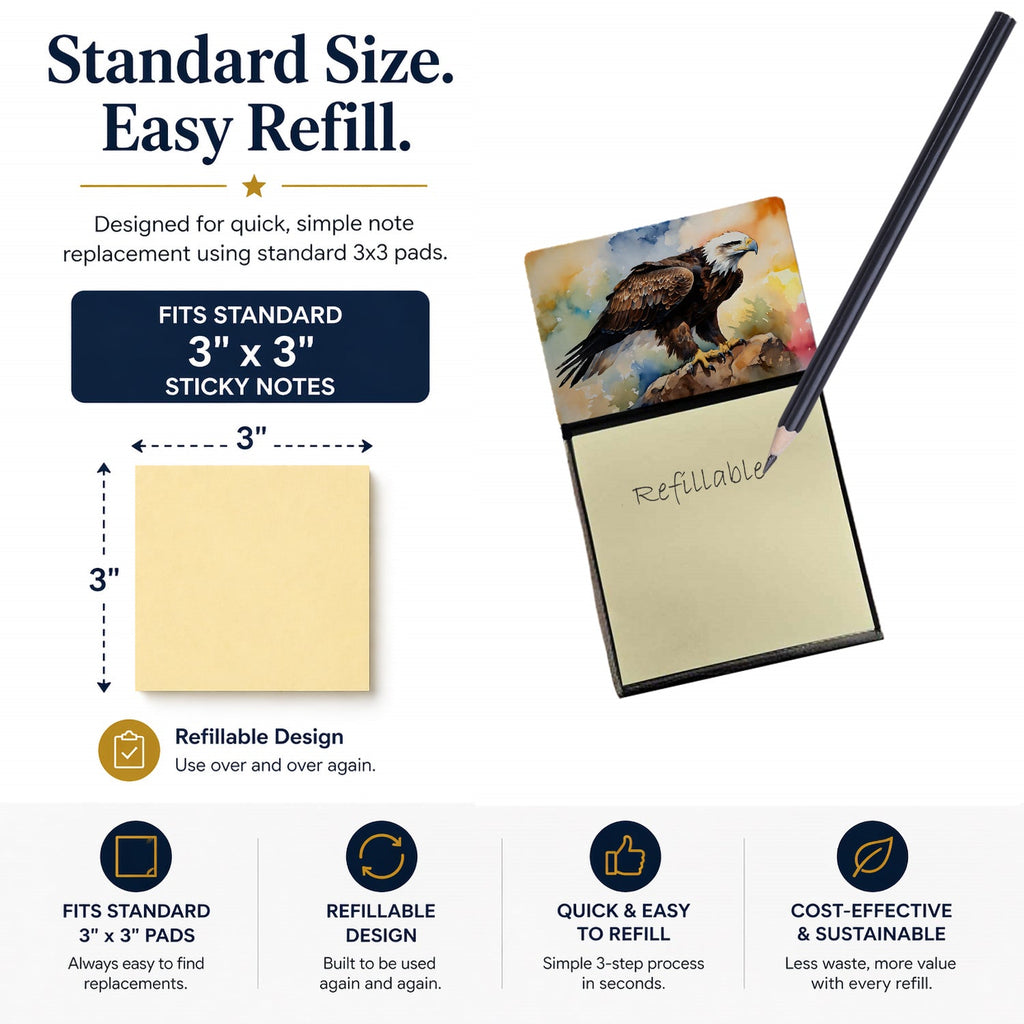 Bald Eagle Perched Rock Wildlife Watercolor Sticky Note Holder Refillable Dispenser Desk Accessory 3x3 Pad Gift